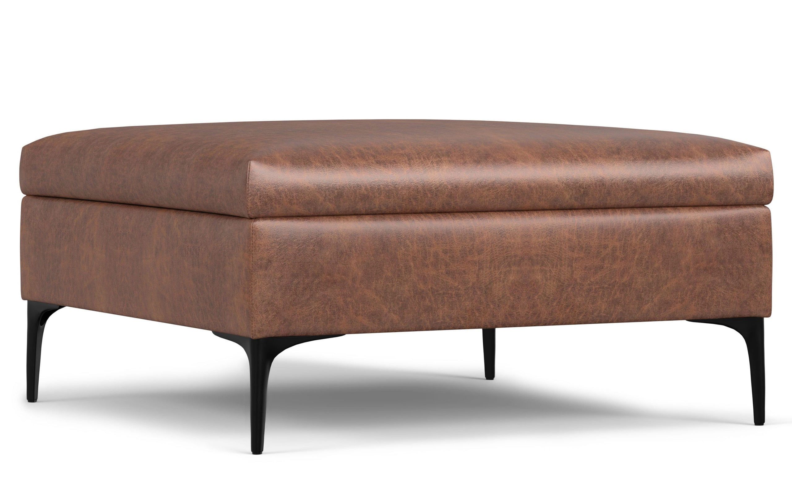 Distressed Saddle Brown Distressed Vegan Leather | Rebecca Coffee Table Storage Ottoman with Lift Up Lid