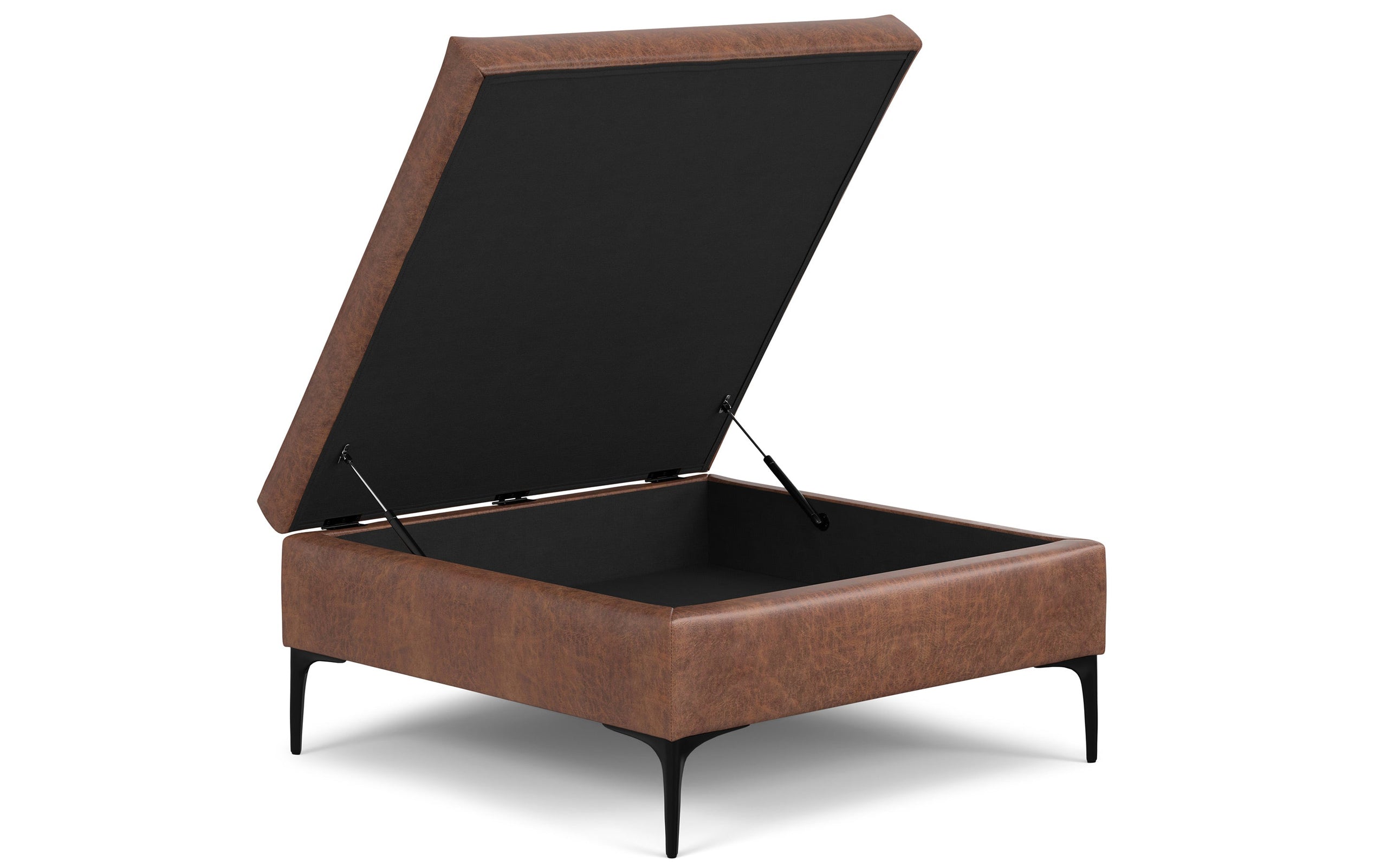 Distressed Saddle Brown Distressed Vegan Leather | Rebecca Coffee Table Storage Ottoman with Lift Up Lid