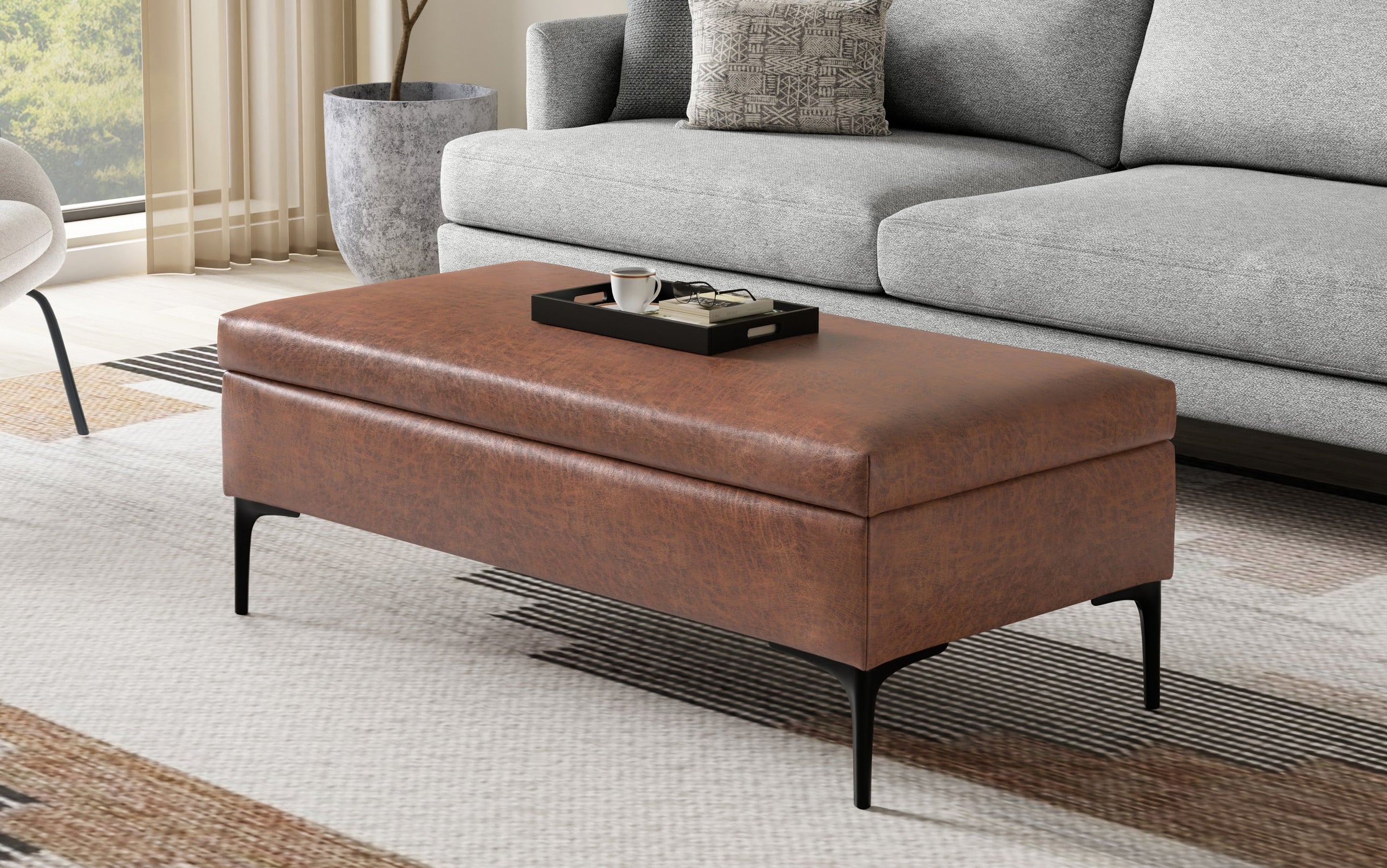 Distressed Saddle Brown Distressed Vegan Leather | Rebecca Large Coffee Table Storage Ottoman with Lift up Lid