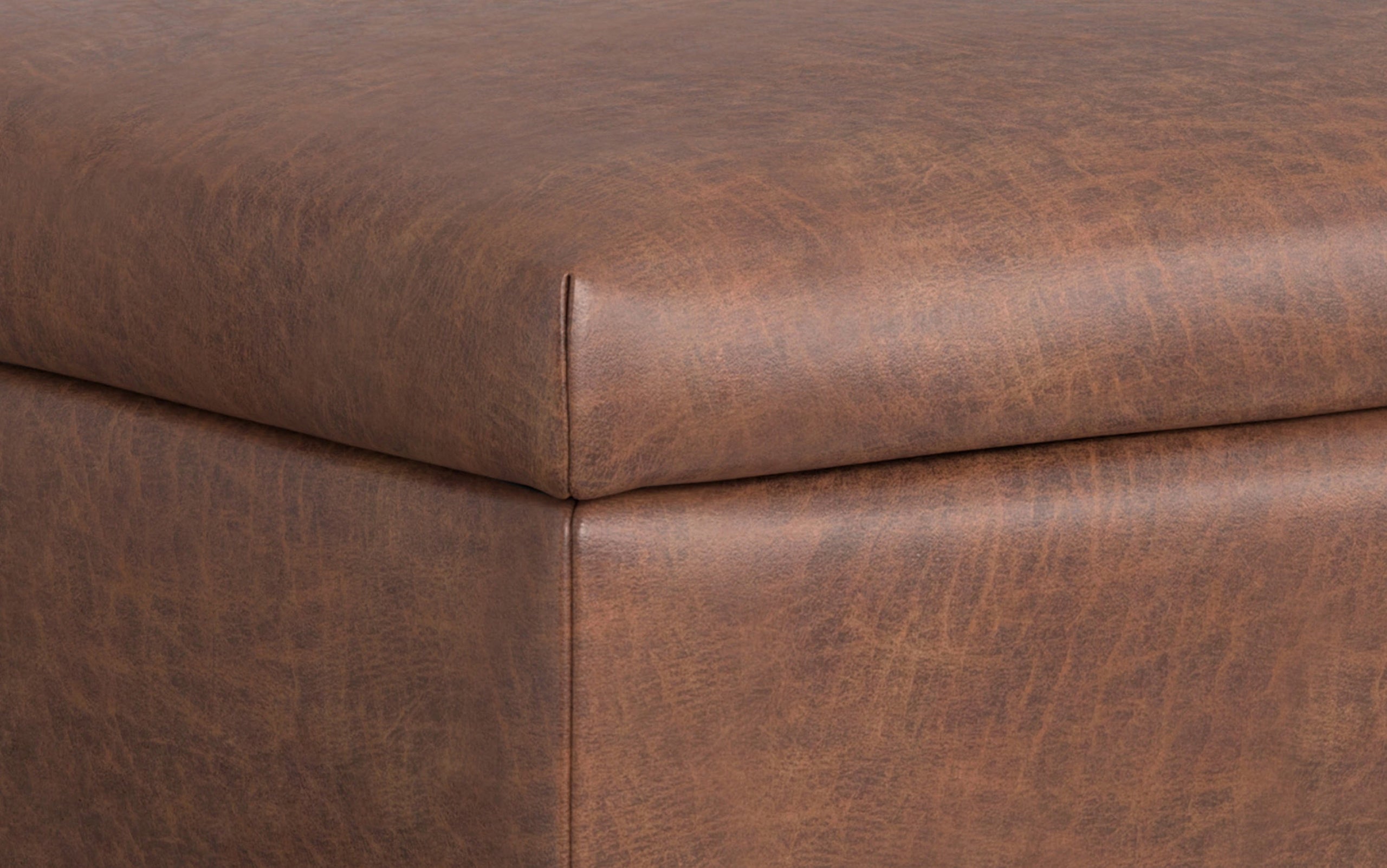 Distressed Saddle Brown Distressed Vegan Leather | Rebecca Large Coffee Table Storage Ottoman with Lift up Lid