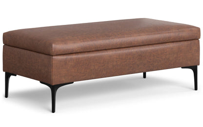 Distressed Saddle Brown Distressed Vegan Leather | Rebecca Large Coffee Table Storage Ottoman with Lift up Lid