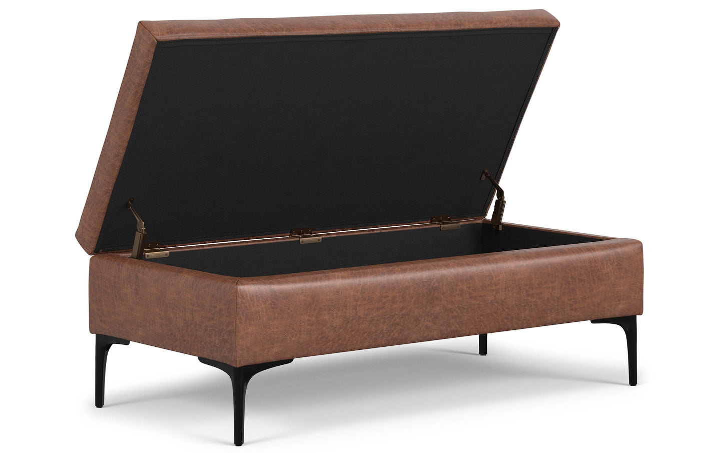 Distressed Saddle Brown Distressed Vegan Leather | Rebecca Large Coffee Table Storage Ottoman with Lift up Lid