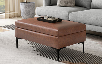 Distressed Saddle Brown Distressed Vegan Leather | Rebecca Rectangular Coffee Table Storage Ottoman with Lift Up in Distressed Vegan Leather