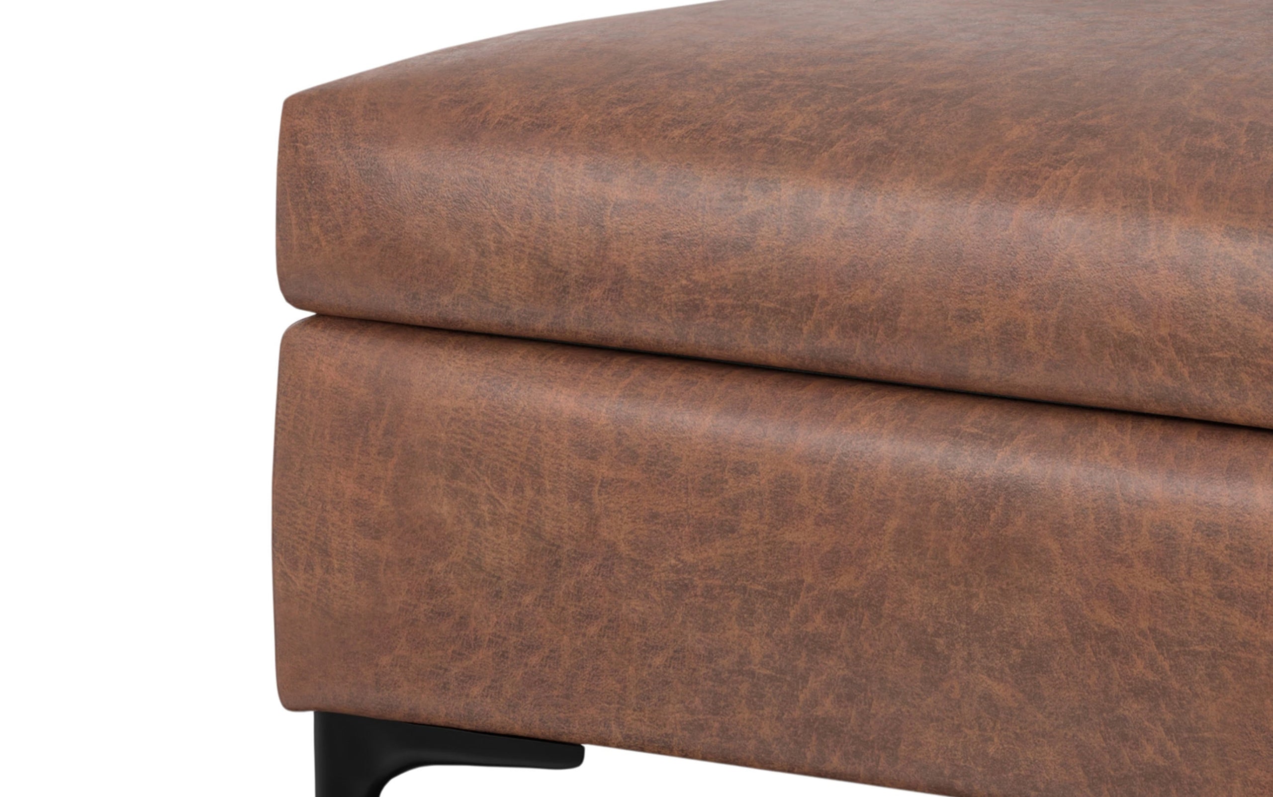 Distressed Saddle Brown Distressed Vegan Leather | Rebecca Rectangular Coffee Table Storage Ottoman with Lift Up in Distressed Vegan Leather