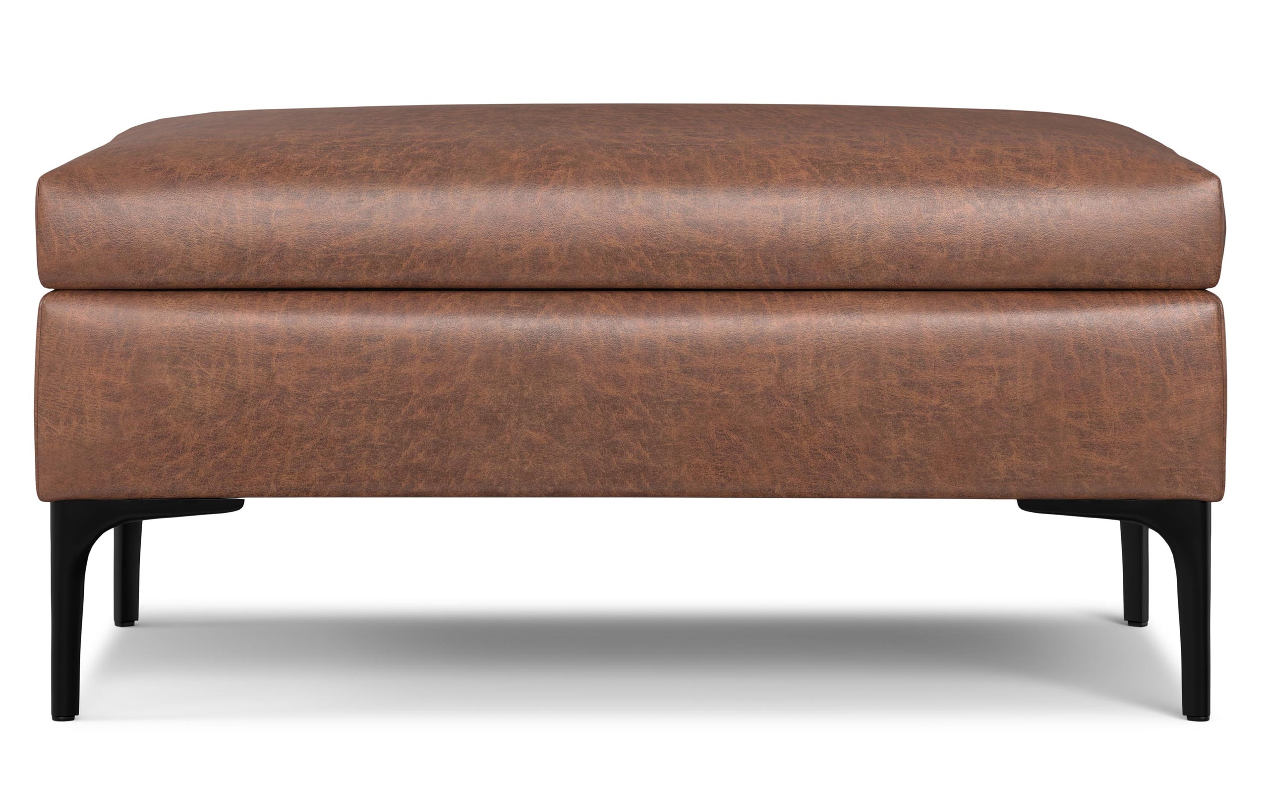 Distressed Saddle Brown Distressed Vegan Leather | Rebecca Rectangular Coffee Table Storage Ottoman with Lift Up in Distressed Vegan Leather