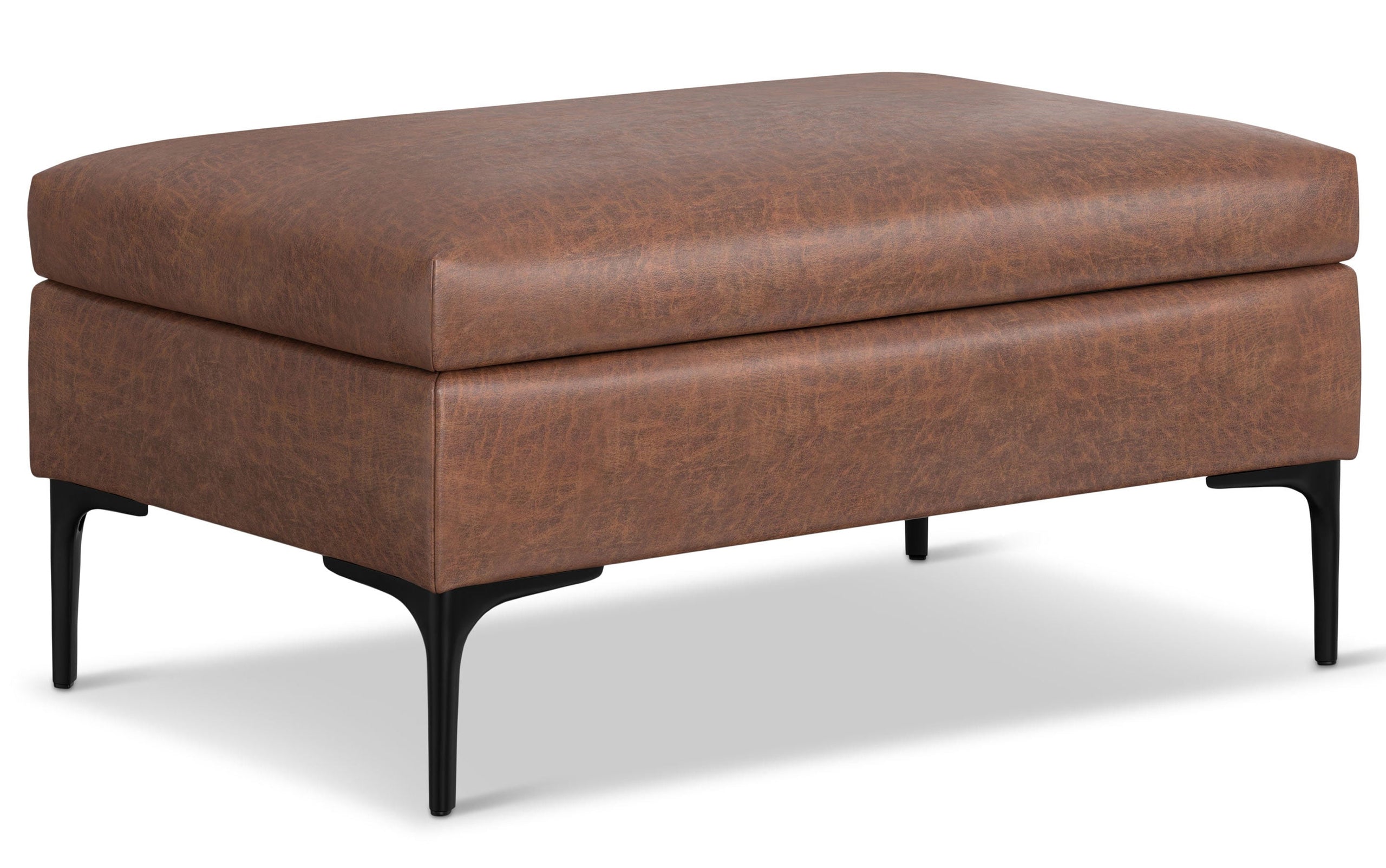 Distressed Saddle Brown Distressed Vegan Leather | Rebecca Rectangular Coffee Table Storage Ottoman with Lift Up in Distressed Vegan Leather