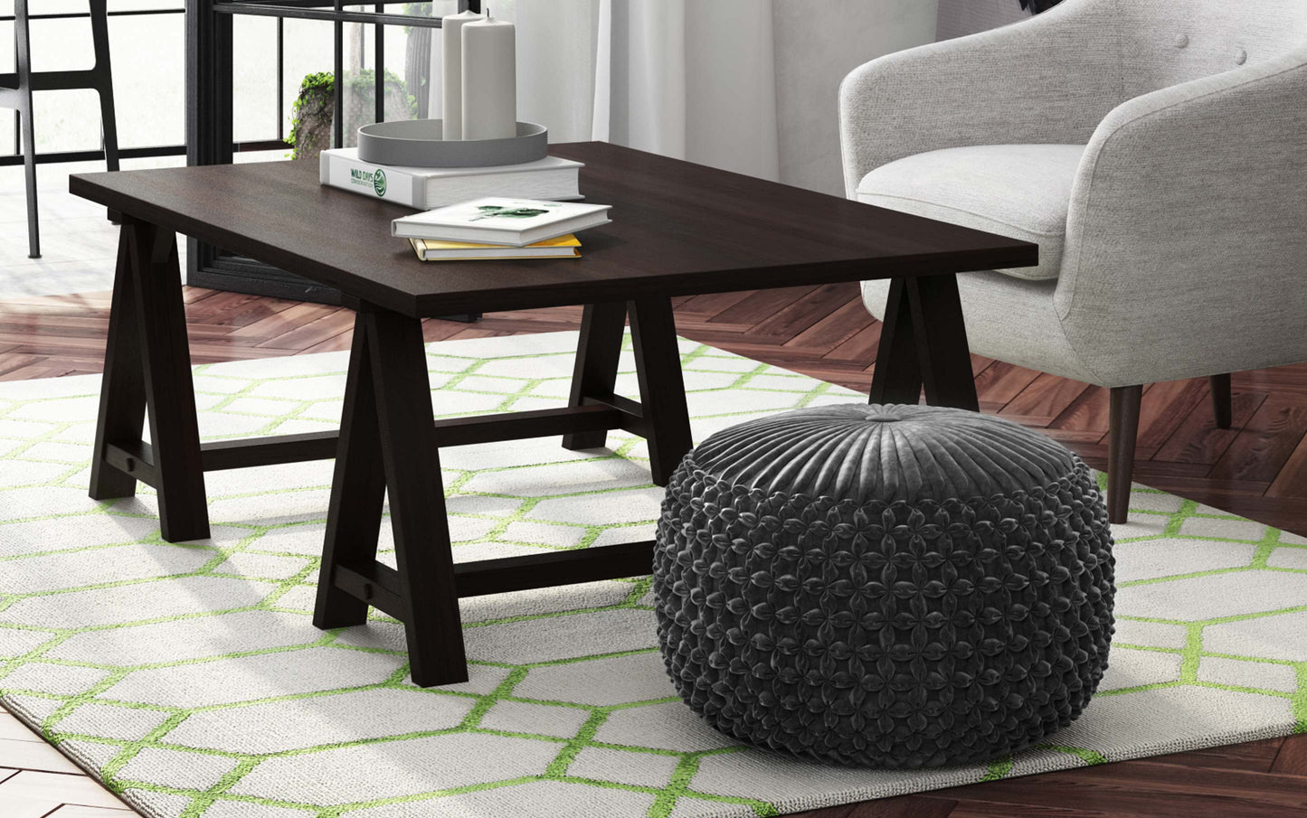 Slate Grey Velvet Fabric  | Renee Velvet Round Pouf