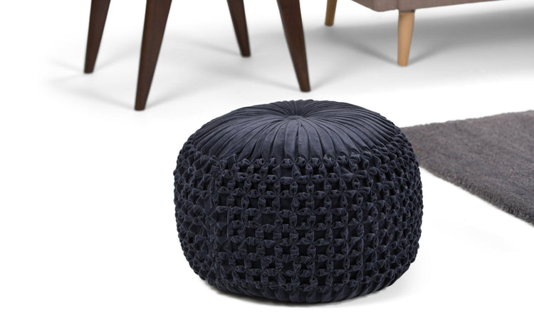 Navy Velvet Fabric | Renee Velvet Round Pouf