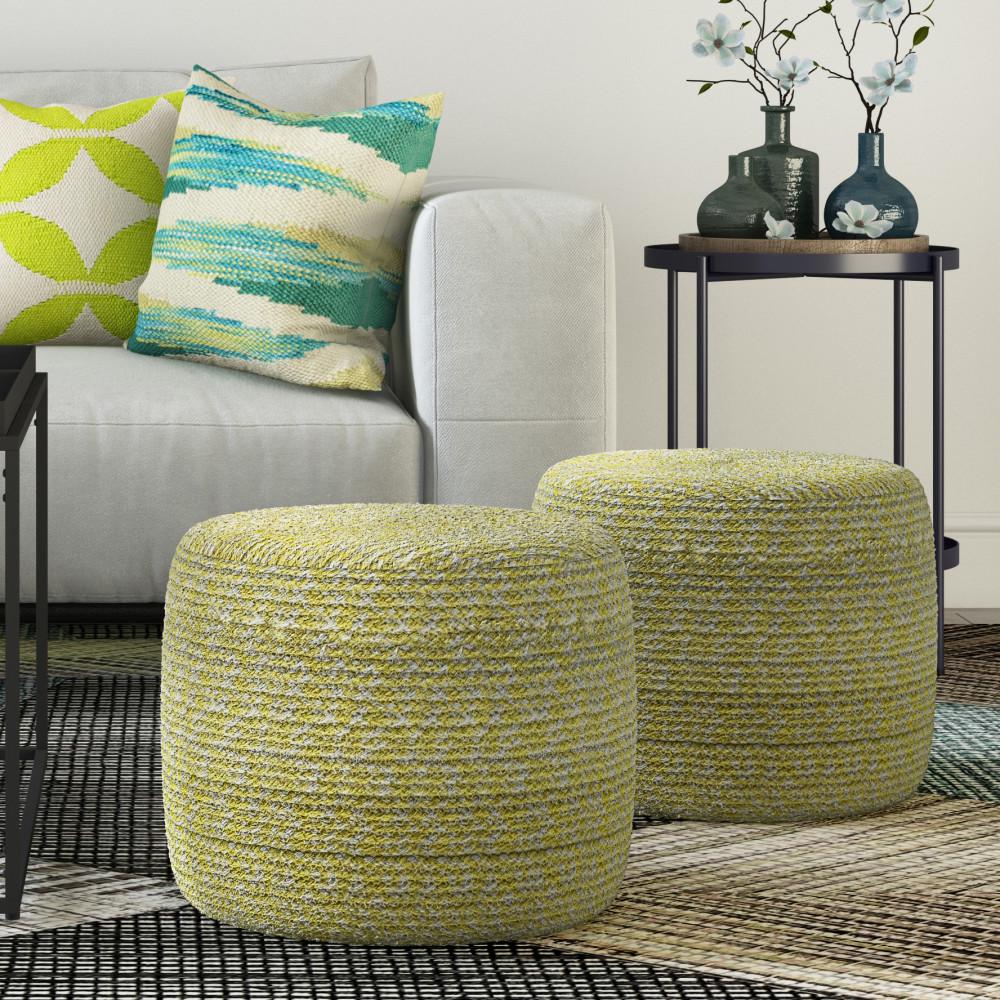 Muted Yellow and Natural | Bayley Round Braided Pouf