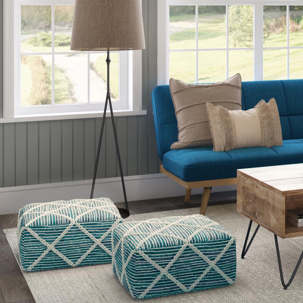 Teal and Natural | Cowan Square Pouf