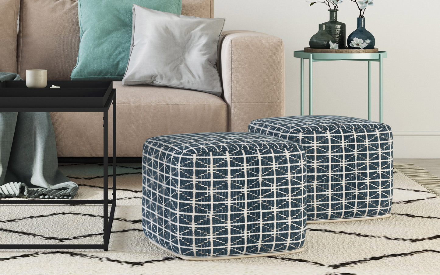 Dark Blue and White | Noreen 18 in Wide Square Pouf