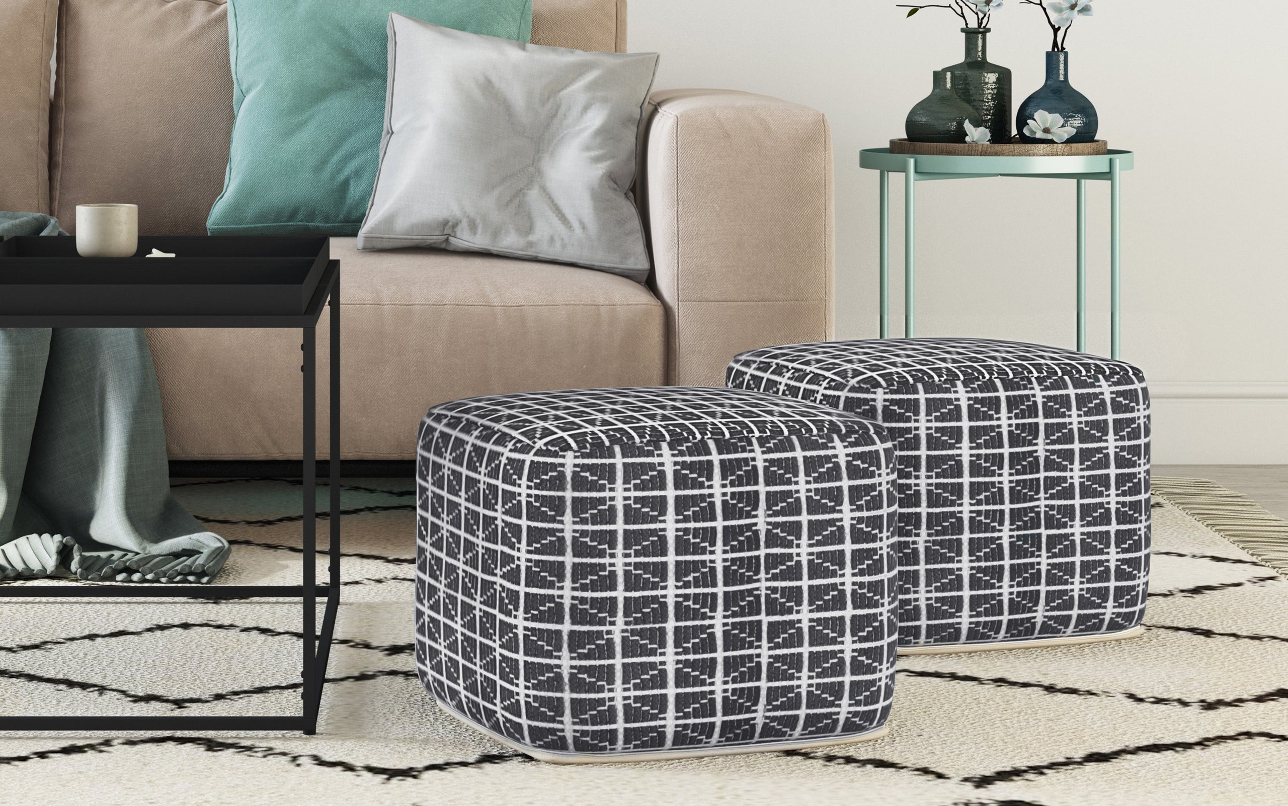 Slate Grey and White | Noreen 18 in Wide Square Pouf