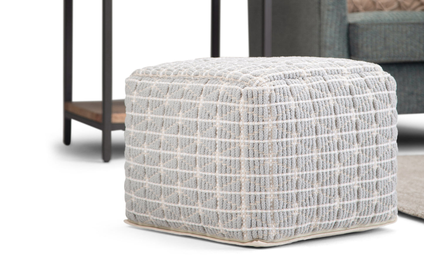 Light Blue and White | Noreen 18 in Wide Square Pouf