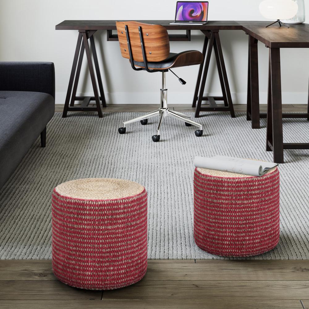 Natural and Maroon | Larissa Round Braided Pouf