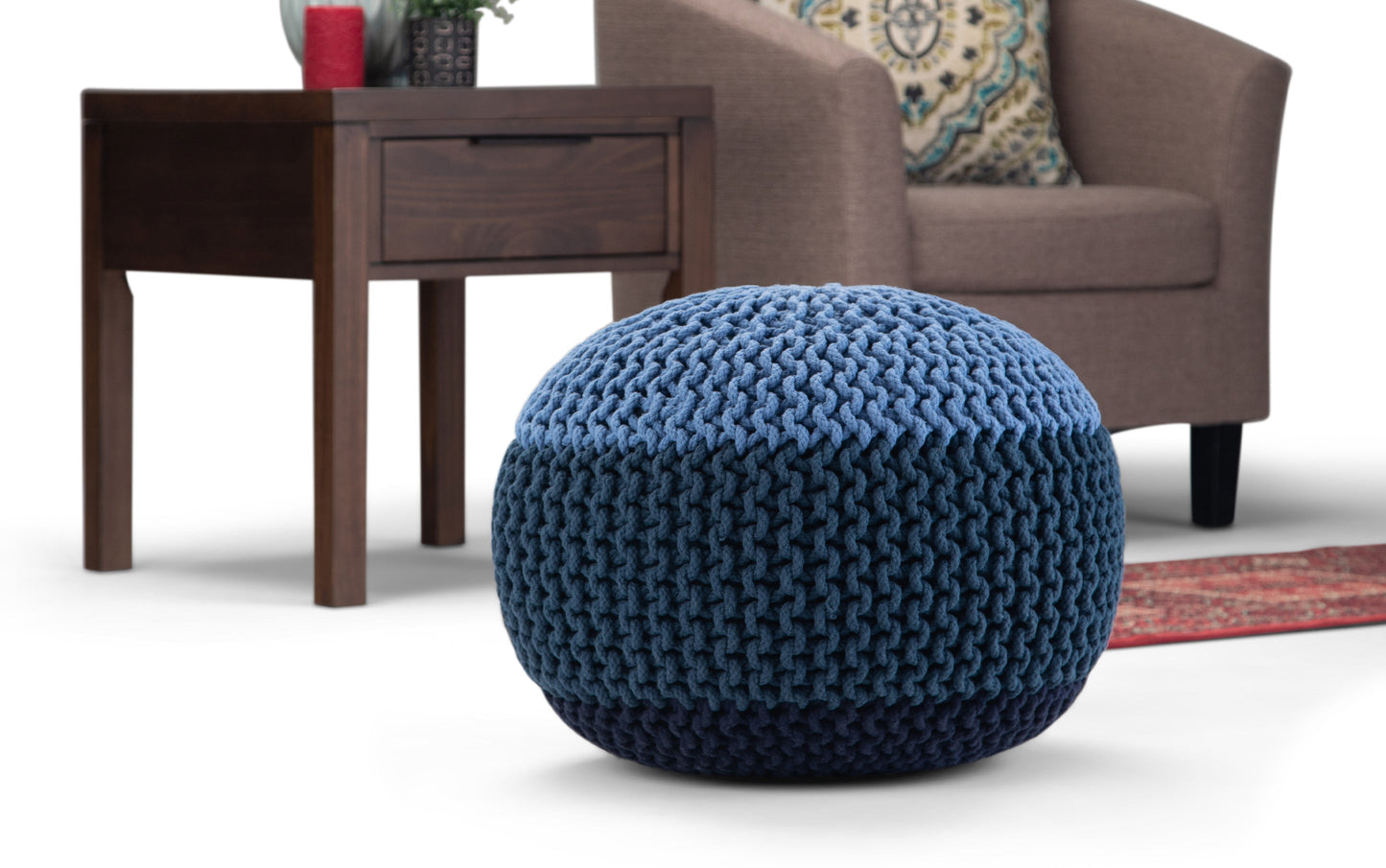 Blue | Nikki 20 in Wide Hand Knit Round Pouf