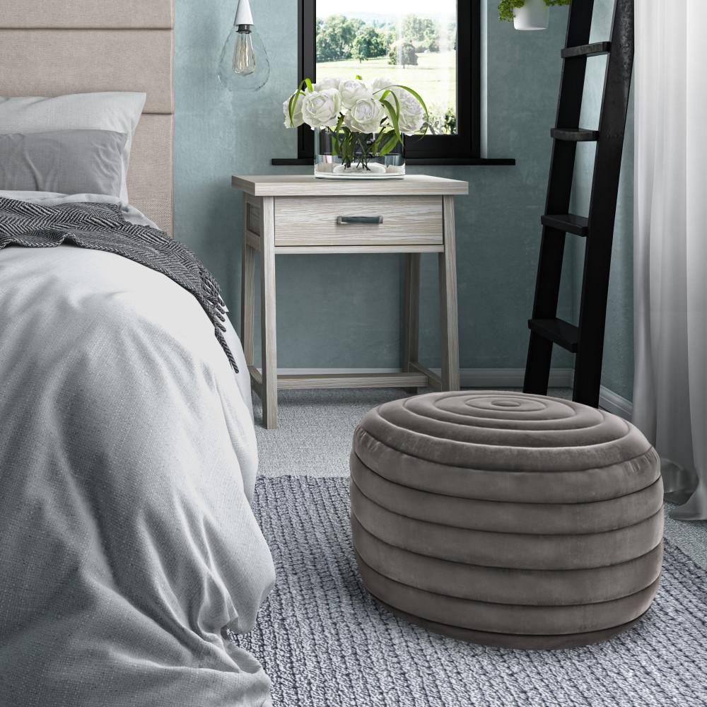 Grey Velvet Fabric | Vivienne Round Pouf