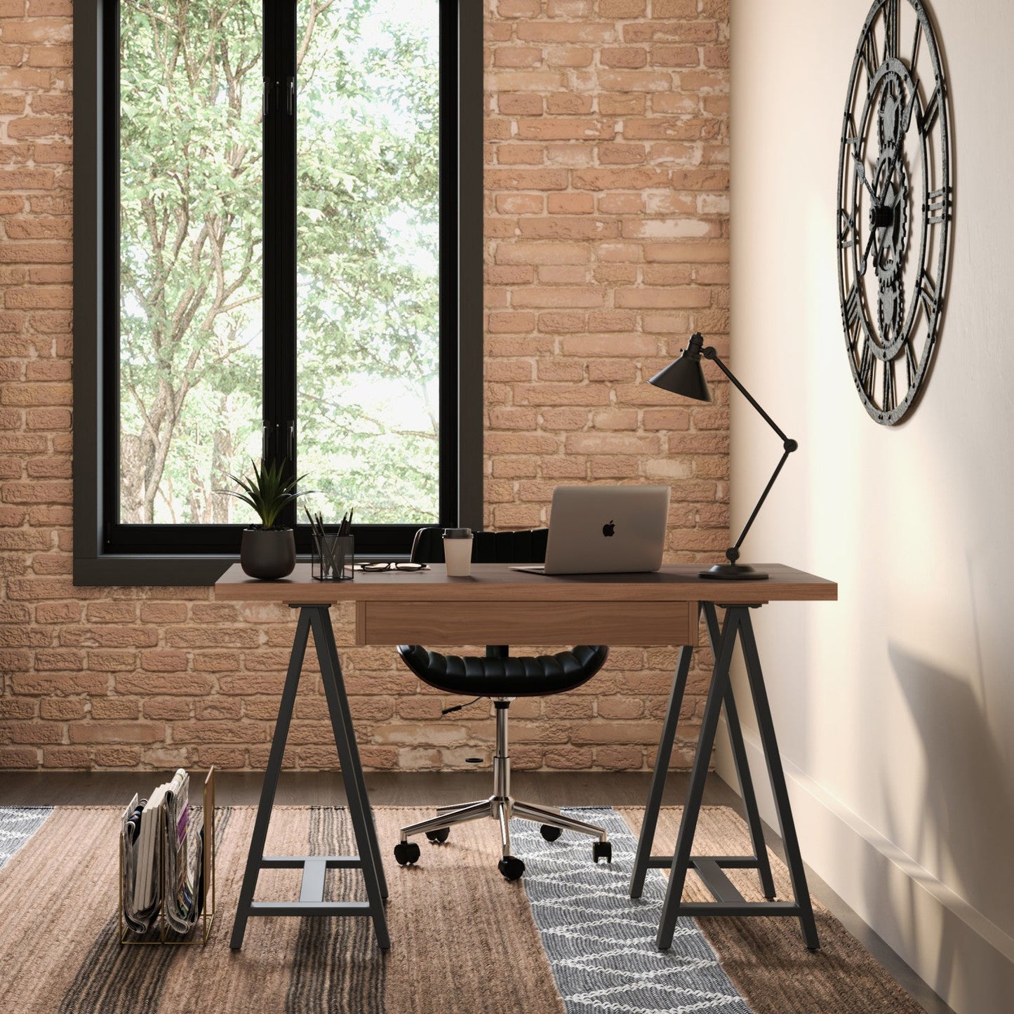 Sawhorse Solid Walnut Veneer and Metal Small Desk