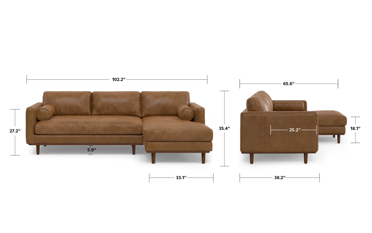 Caramel Brown Genuine Top Grain Leather | Morrison Mid Century Sectional in Genuine Leather