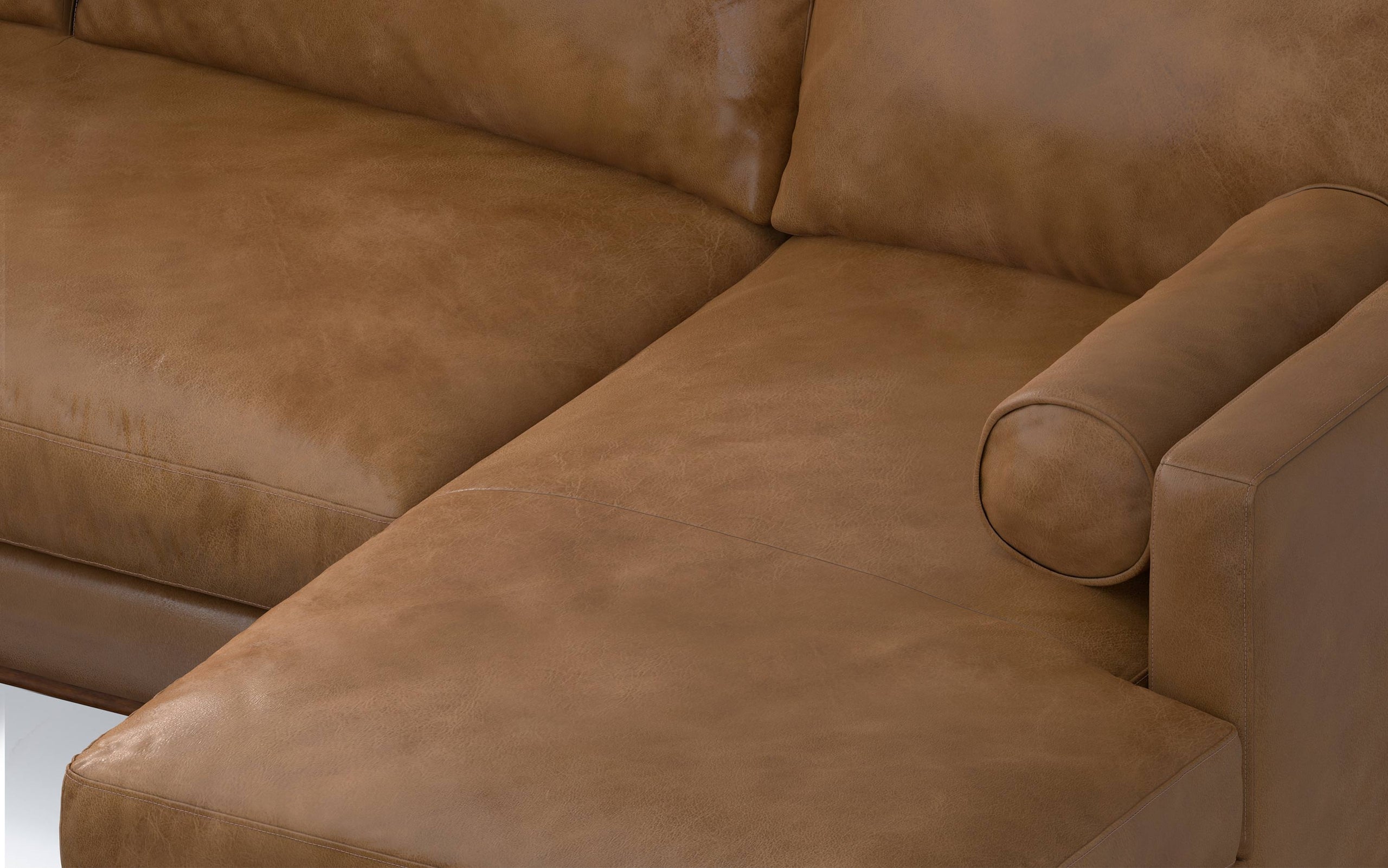 Caramel Brown Genuine Top Grain Leather | Morrison Mid Century Sectional in Genuine Leather