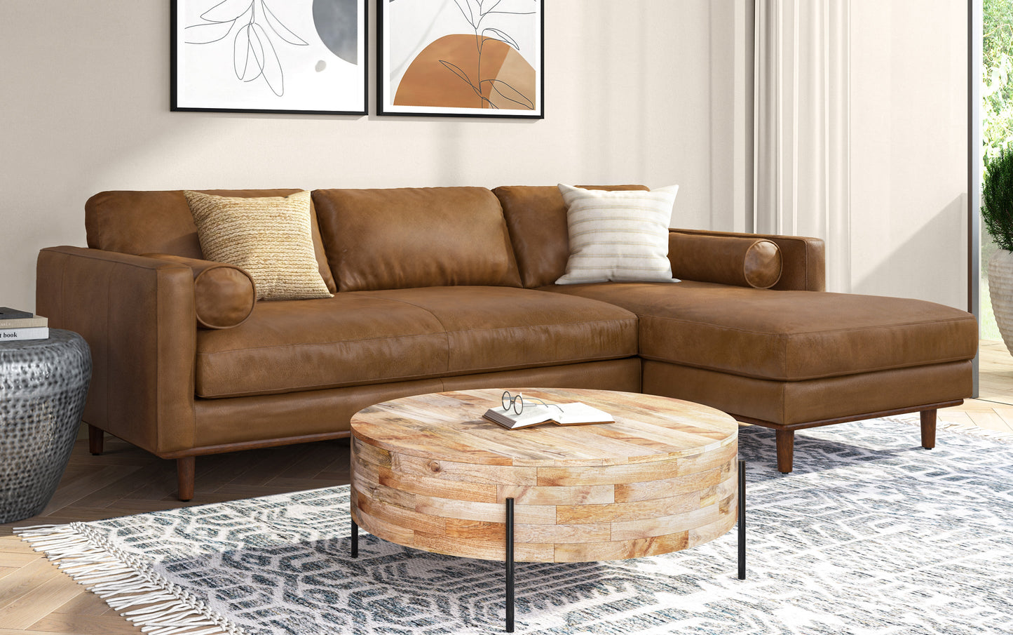 Caramel Brown Genuine Top Grain Leather | Morrison Mid Century Sectional in Genuine Leather