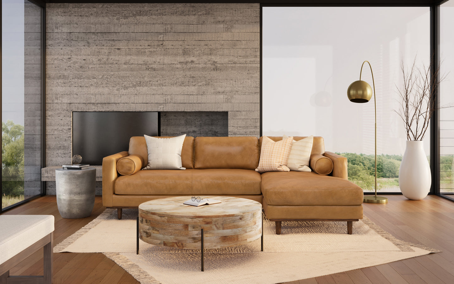 Sienna Genuine Top Grain Leather | Morrison Mid Century Sectional in Genuine Leather