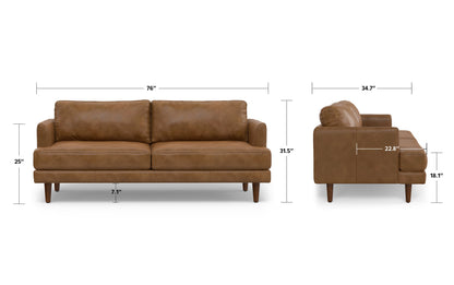 Caramel Brown Genuine Top Grain Leather | Livingston 76 inch Mid Century Sofa in Genuine Leather