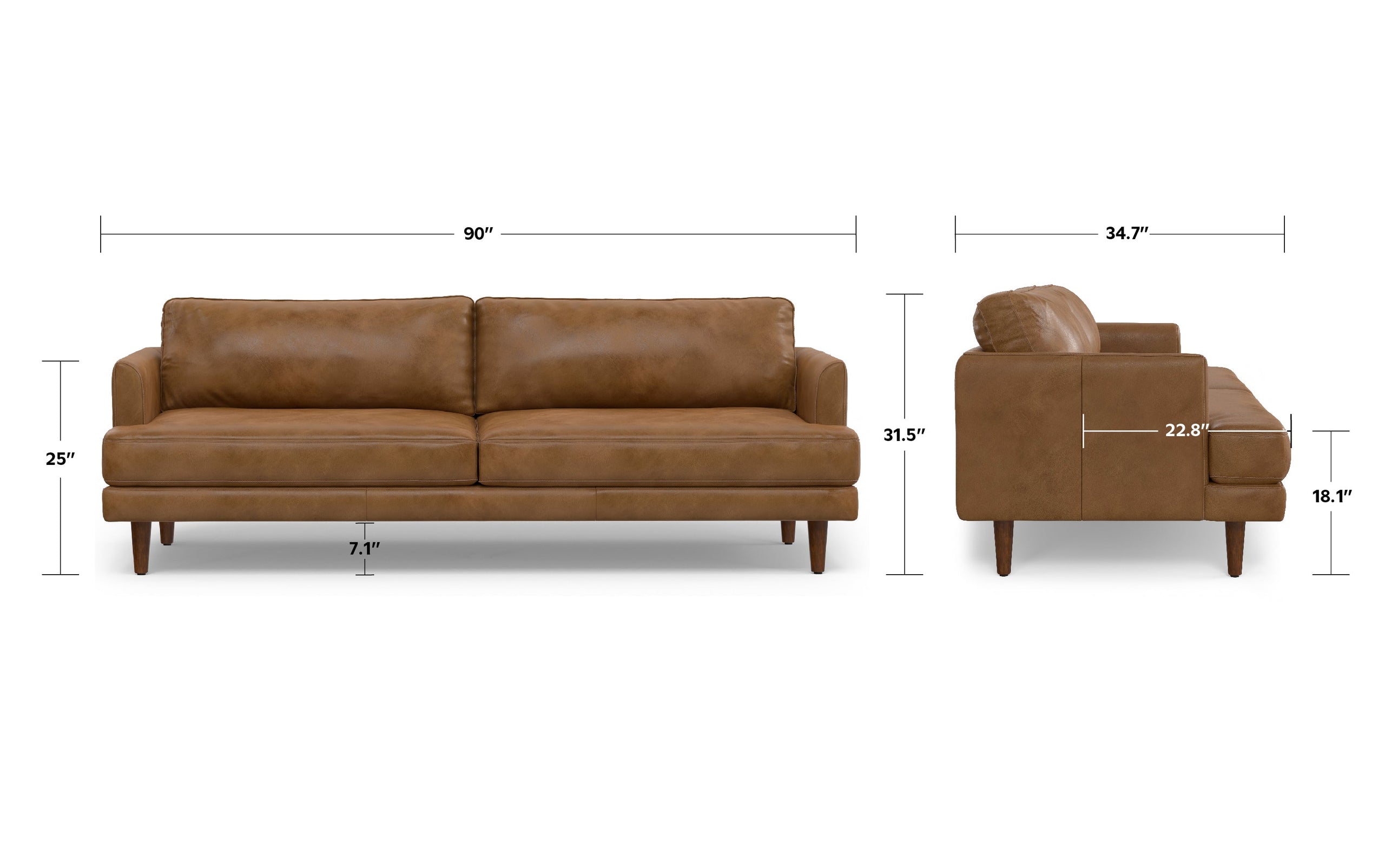 Caramel Brown Genuine Top Grain Leather | Livingston 90 inch Mid Century Sofa in Genuine Leather