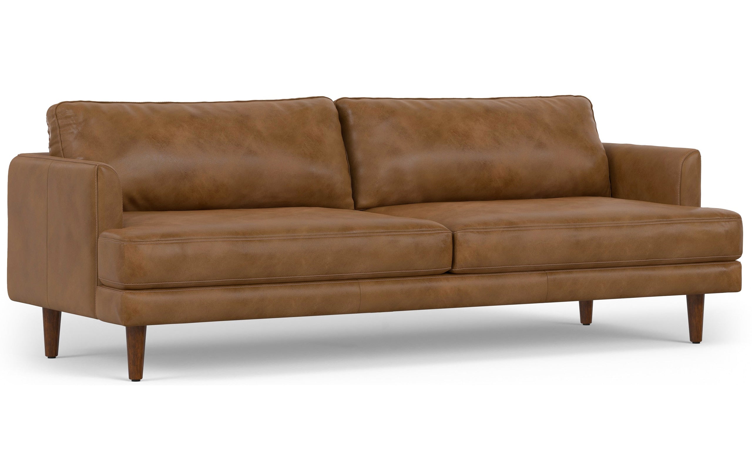 Caramel Brown Genuine Top Grain Leather | Livingston 90 inch Mid Century Sofa in Genuine Leather