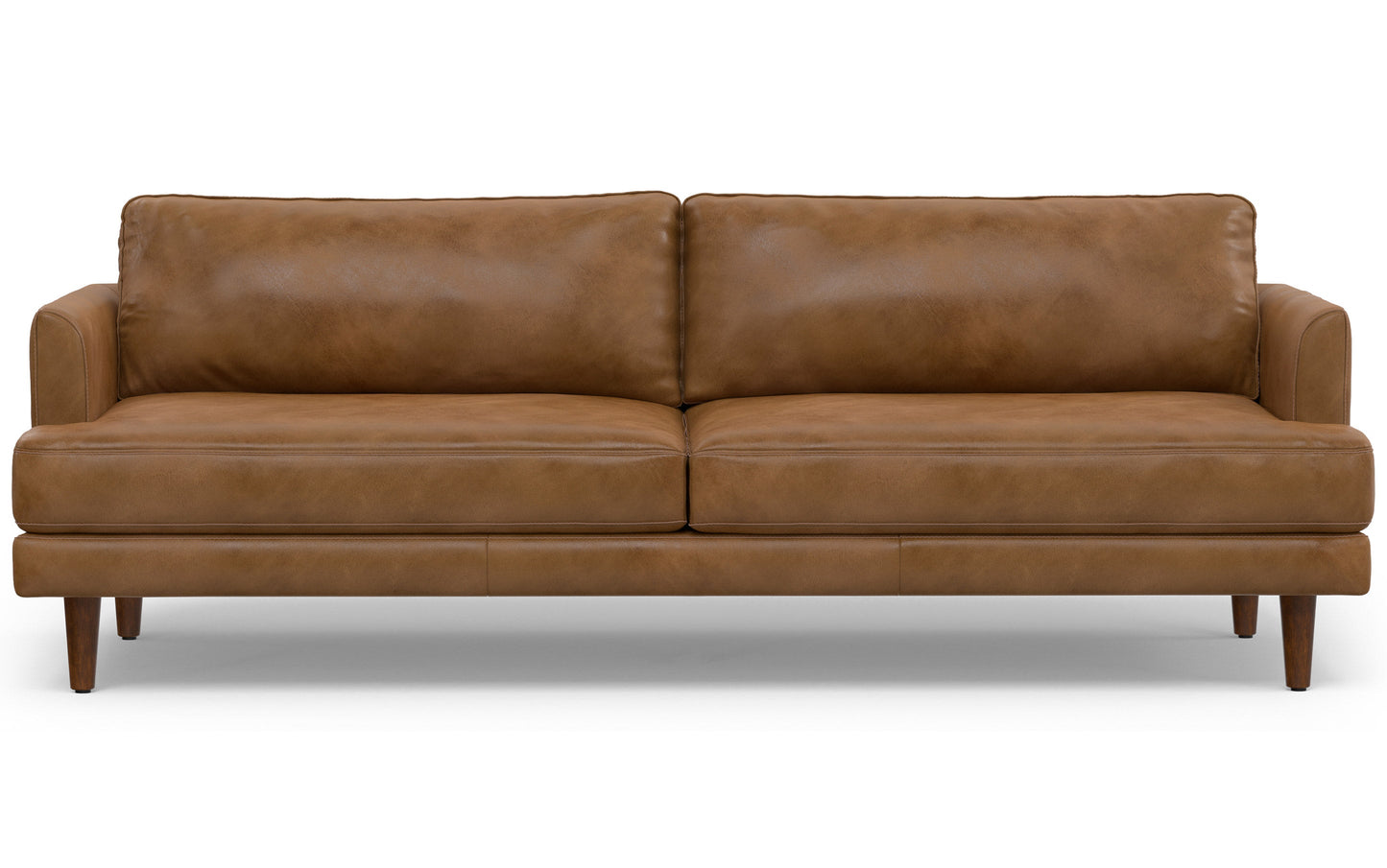 Caramel Brown Genuine Top Grain Leather | Livingston 90 inch Mid Century Sofa in Genuine Leather