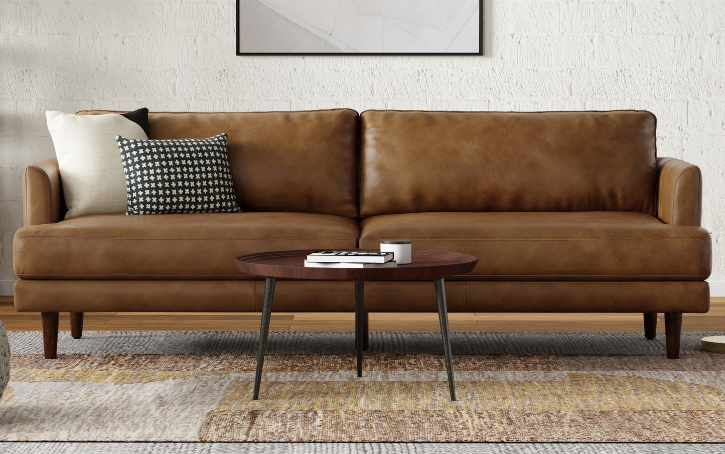 Caramel Brown Genuine Top Grain Leather | Livingston 90 inch Mid Century Sofa in Genuine Leather