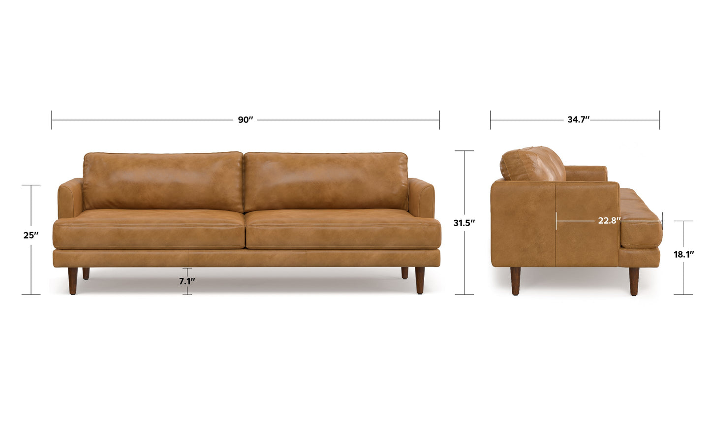 Sienna Genuine Top Grain Leather | Livingston 90 inch Mid Century Sofa in Genuine Leather