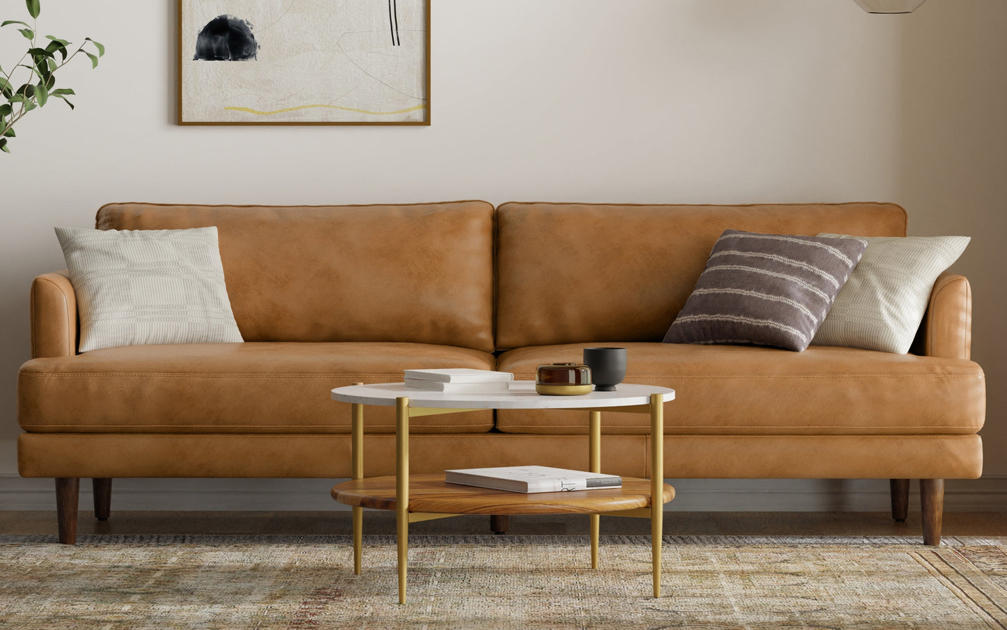 Sienna Genuine Top Grain Leather | Livingston 90 inch Mid Century Sofa in Genuine Leather