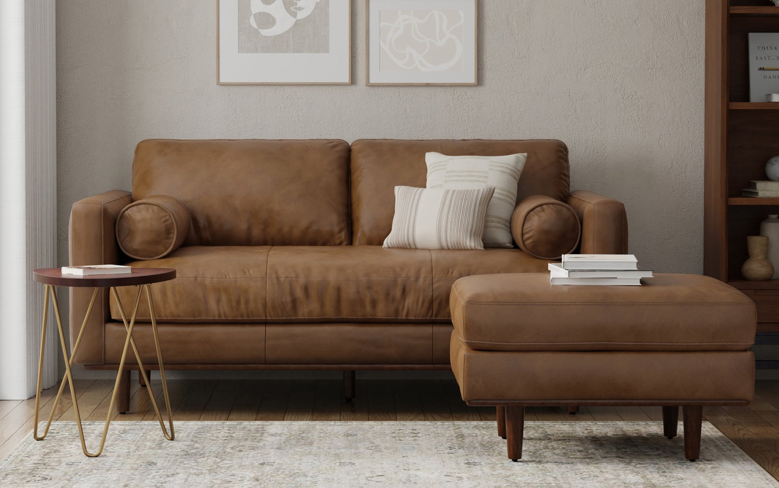 Caramel Brown Genuine Top Grain Leather | Morrison 72 inch Mid Century Sofa in Genuine Leather