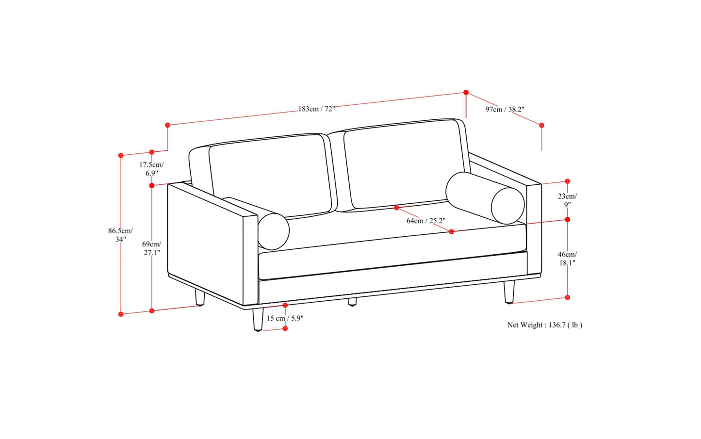 Lead Black Genuine Top Grain Leather | Morrison 72 inch Mid Century Sofa in Genuine Leather