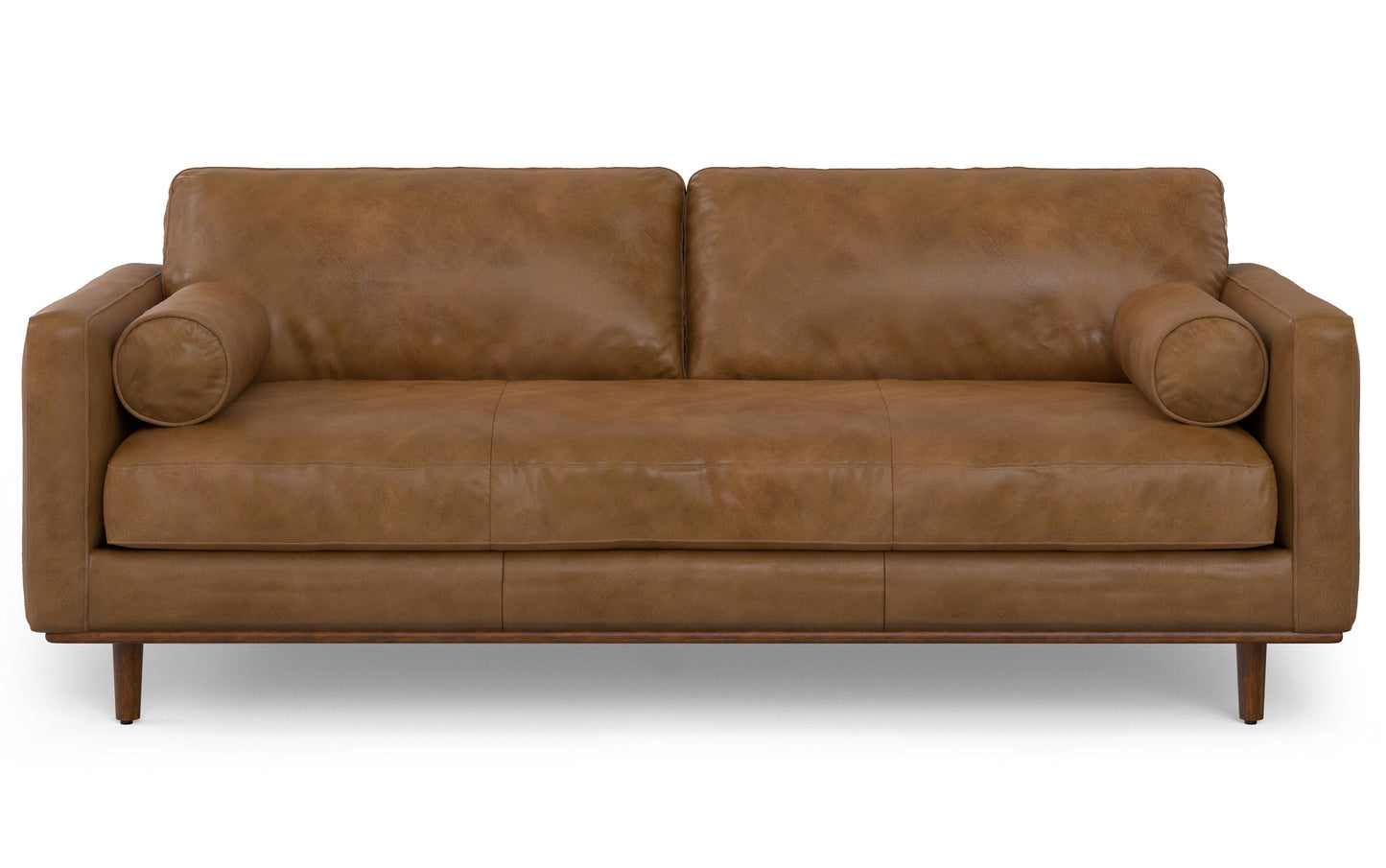 Caramel Brown Genuine Top Grain Leather | Morrison 89 inch Mid Century Sofa Genuine Leather