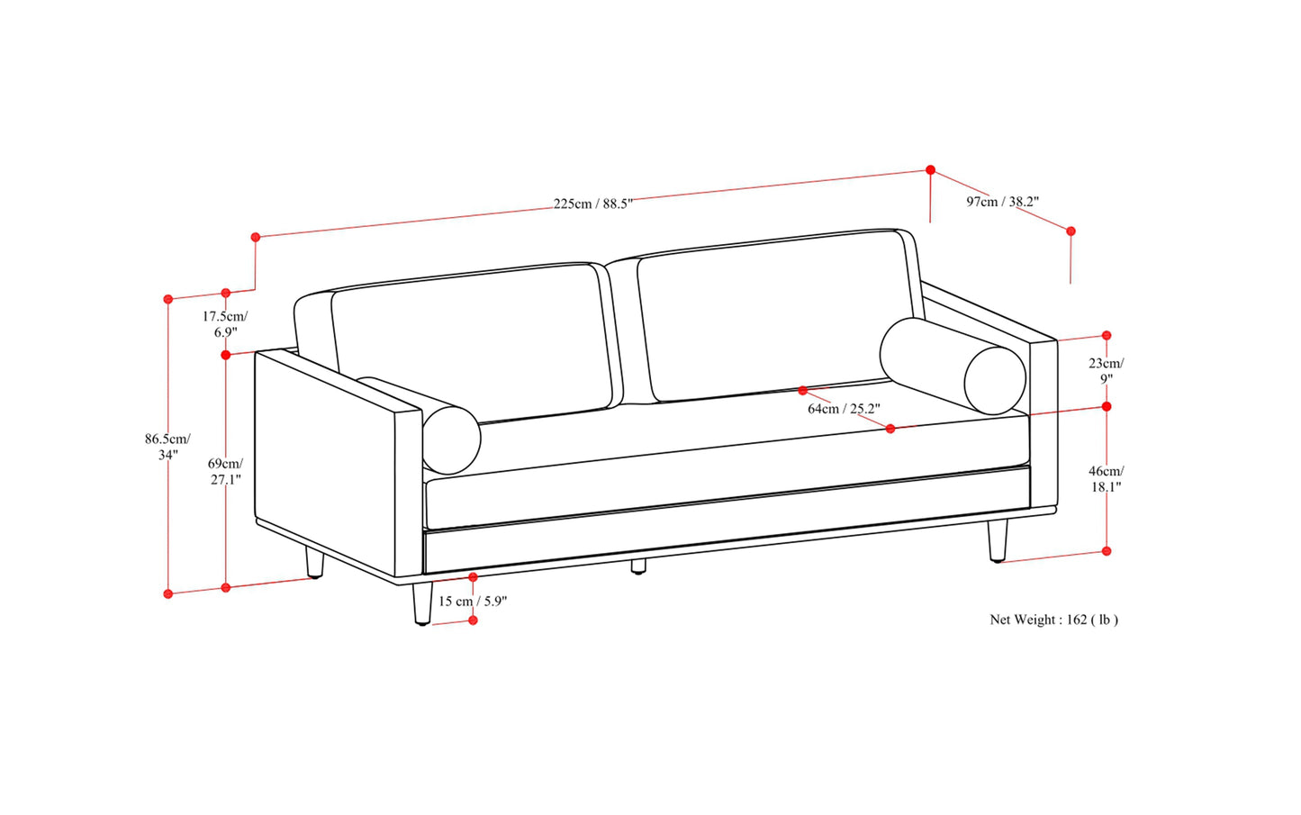 Lead Black Genuine Top Grain Leather | Morrison 89 inch Mid Century Sofa Genuine Leather