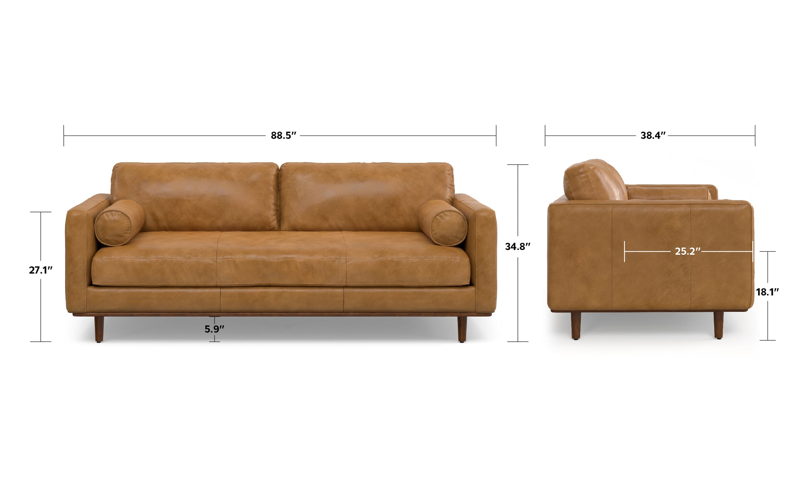 Sienna Genuine Top Grain Leather | Morrison 89 inch Mid Century Sofa Genuine Leather