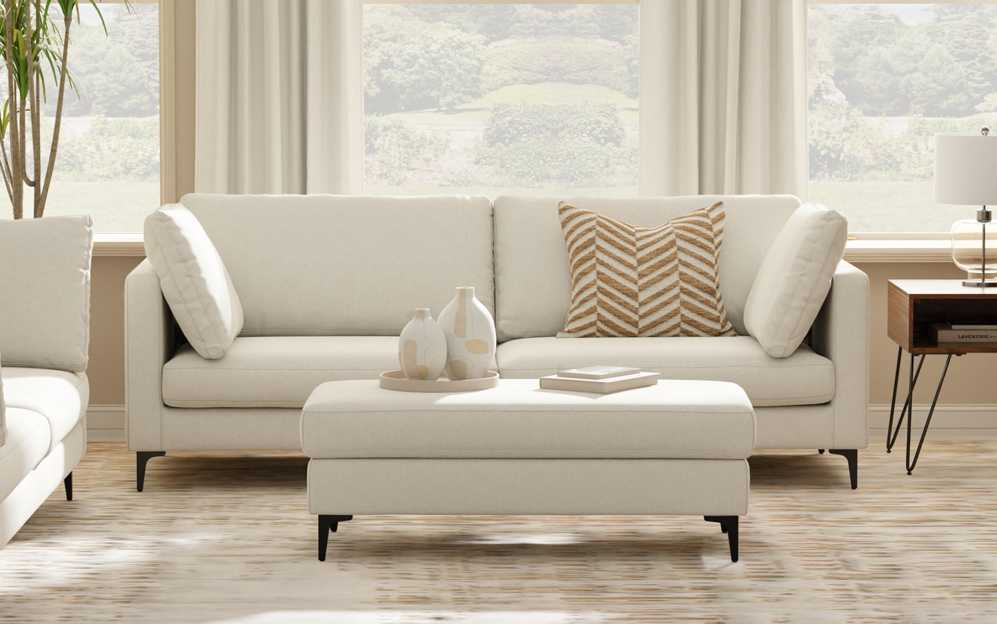 Cream Performance Fabric | Ava 90 inch Mid Century Sofa with Ottoman Set