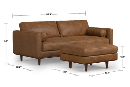 Caramel Brown Genuine Top Grain Leather | Morrison 89-inch Sofa and Ottoman Set in Genuine Leather