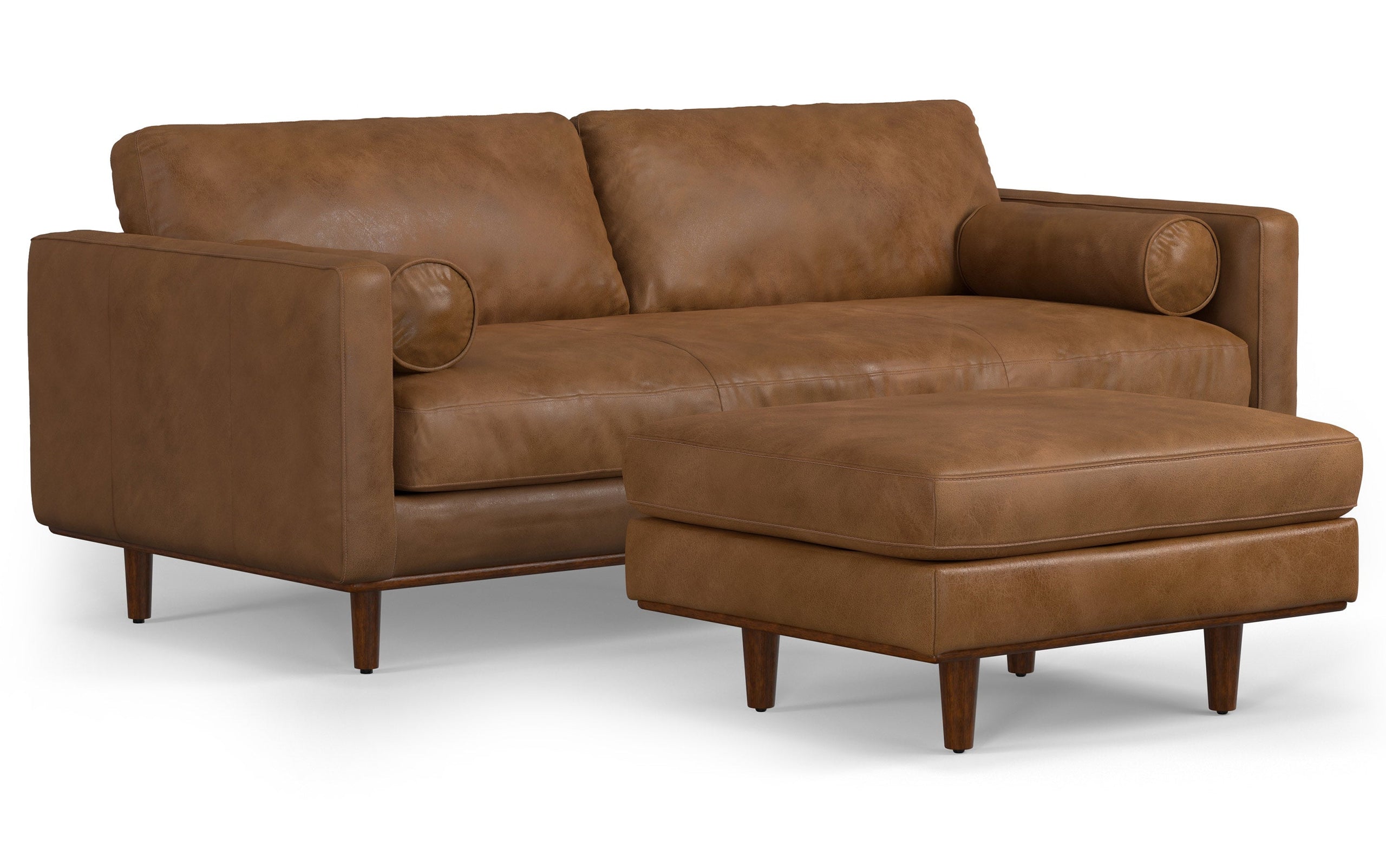 Caramel Brown Genuine Top Grain Leather | Morrison 89-inch Sofa and Ottoman Set in Genuine Leather