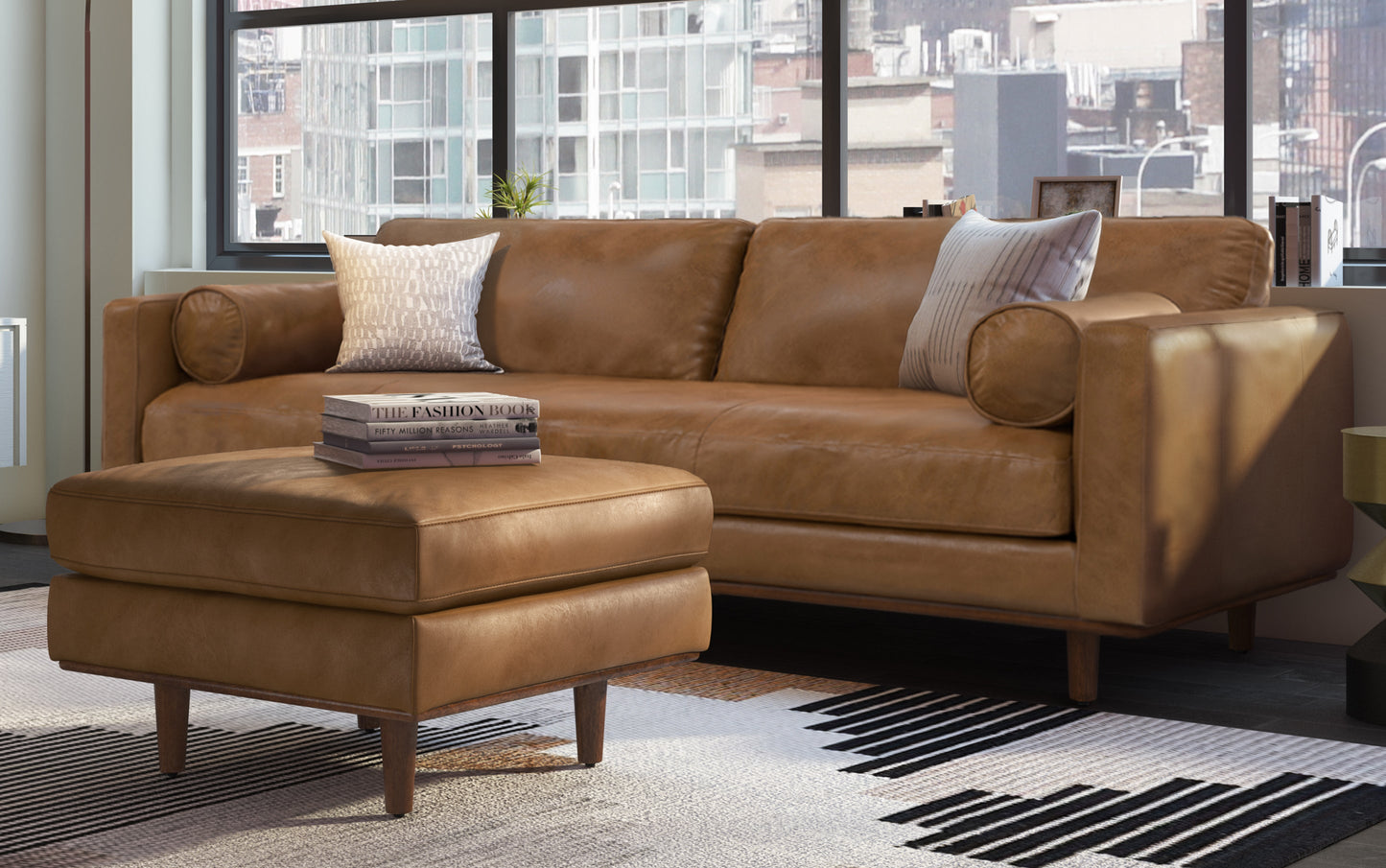 Caramel Brown Genuine Top Grain Leather | Morrison 89-inch Sofa and Ottoman Set in Genuine Leather