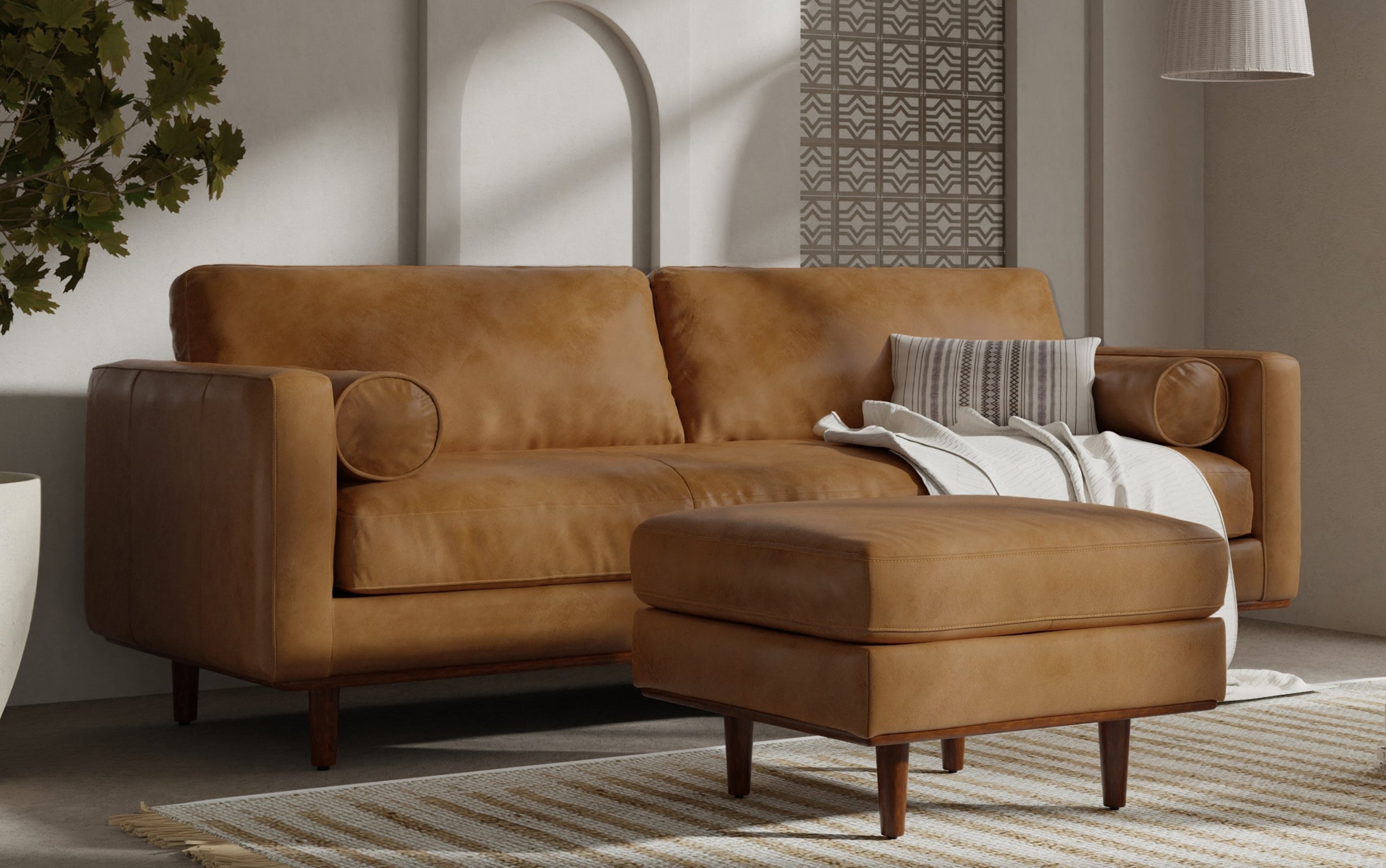 Sienna Genuine Top Grain Leather | Morrison 89-inch Sofa and Ottoman Set in Genuine Leather