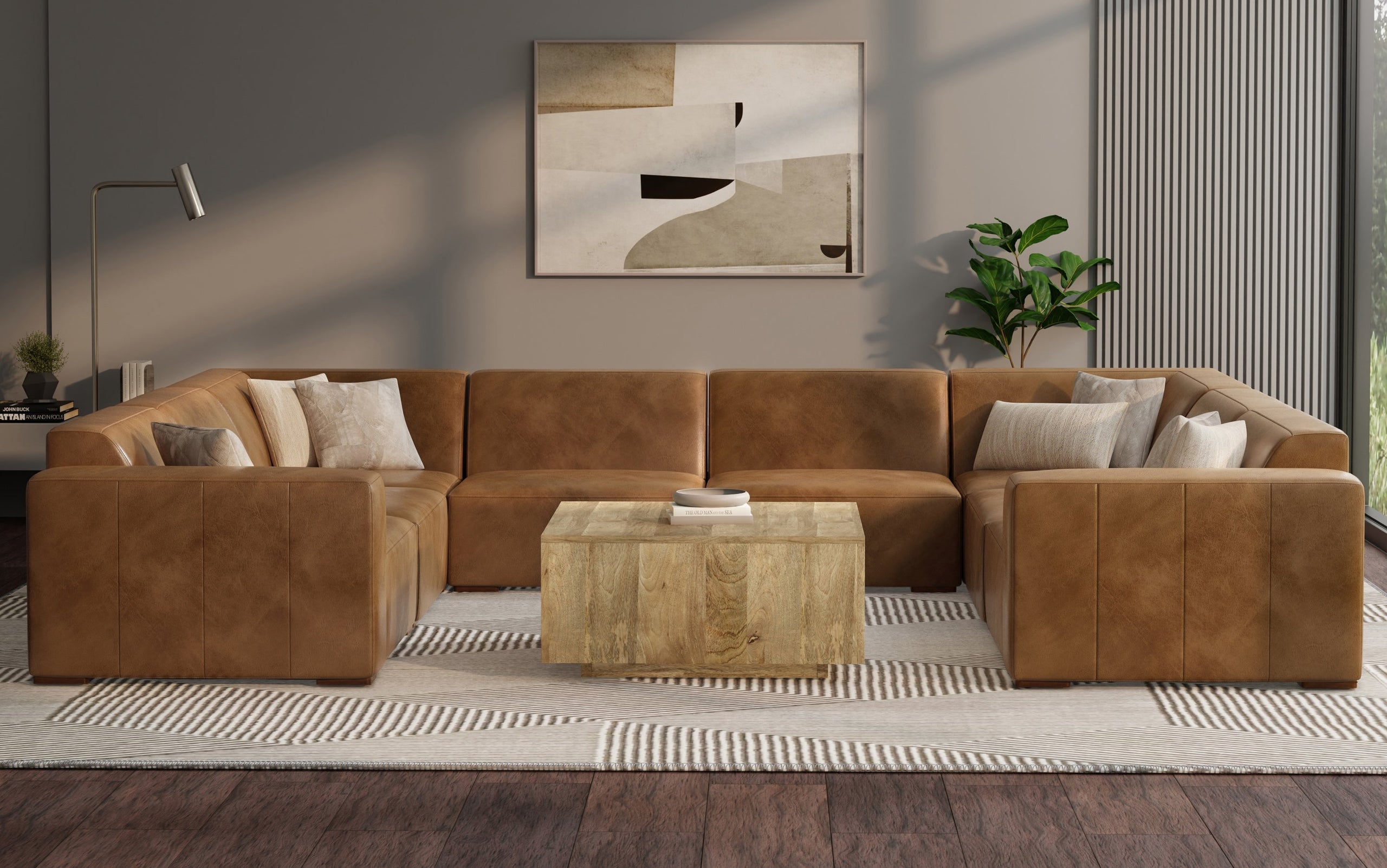 Caramel Brown Genuine Leather | Rex U-Shaped Sectional in Genuine Leather