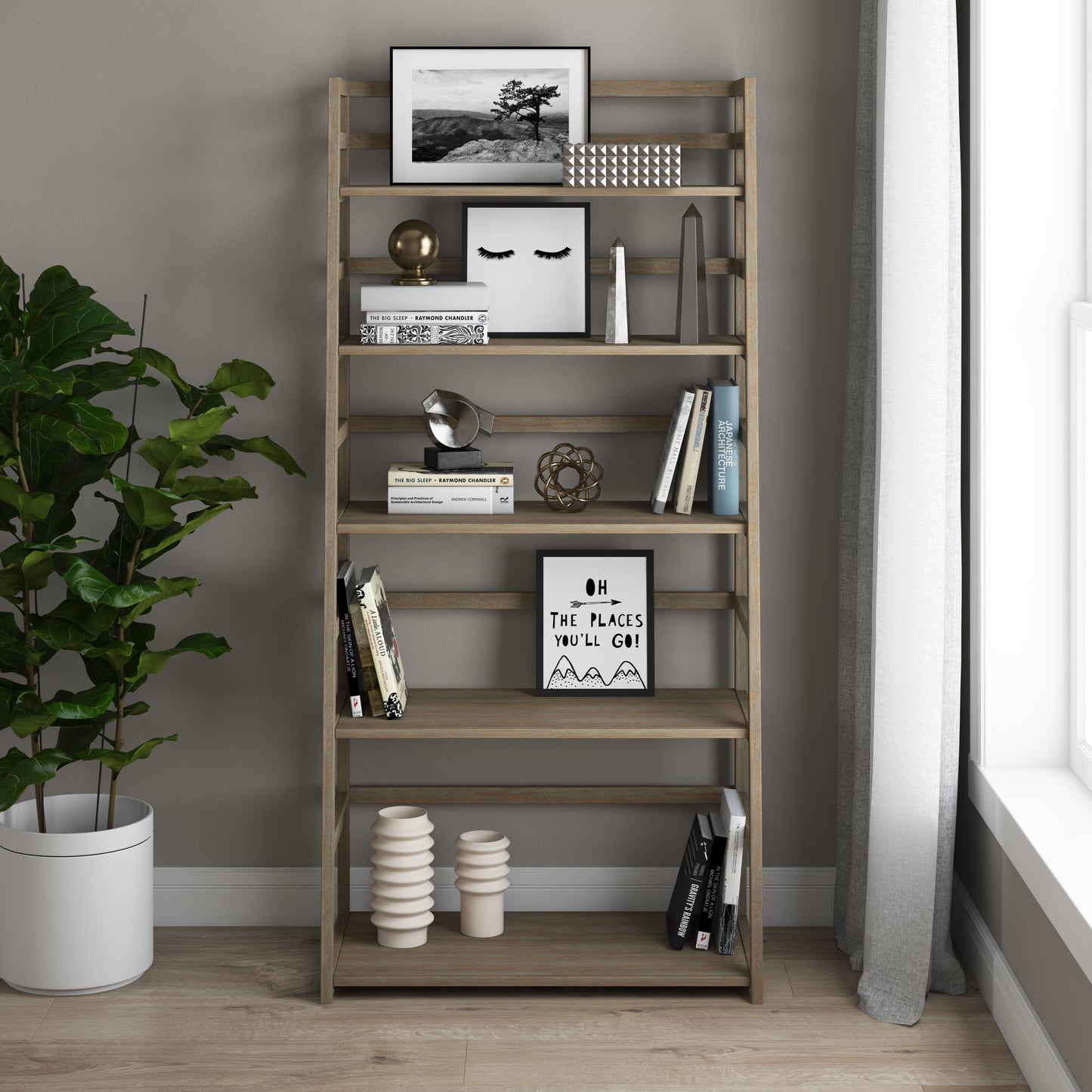 Distressed Grey | Acadian Ladder Shelf Bookcase