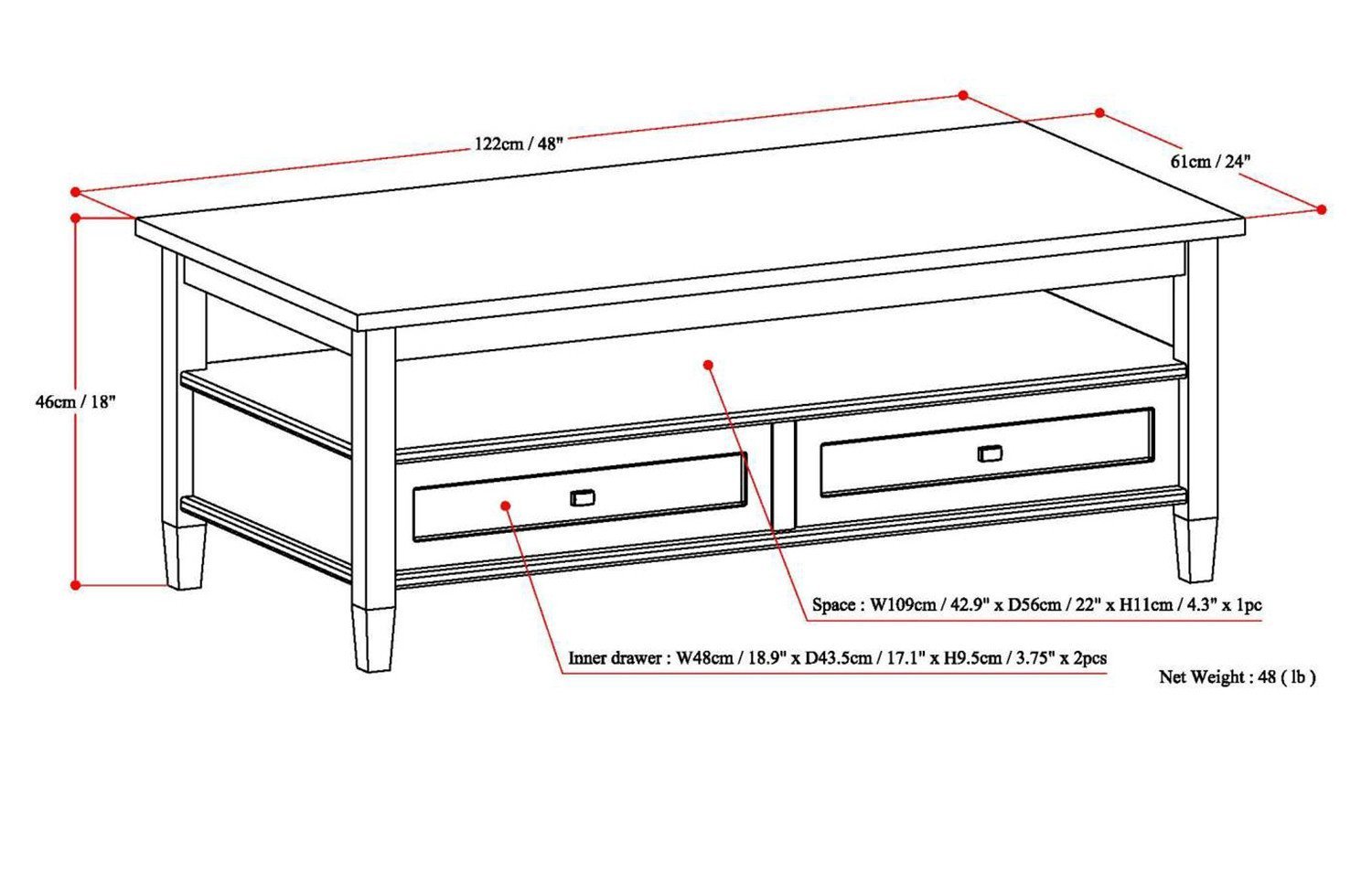 Tobacco Brown | Warm Shaker 48 inch Coffee Table