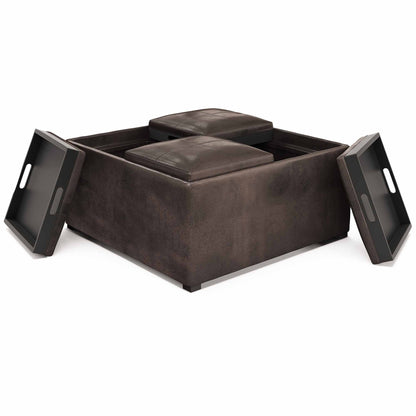 Distressed Brown Distressed Vegan Leather | Avalon Vegan Leather Square Coffee Table Storage Ottoman