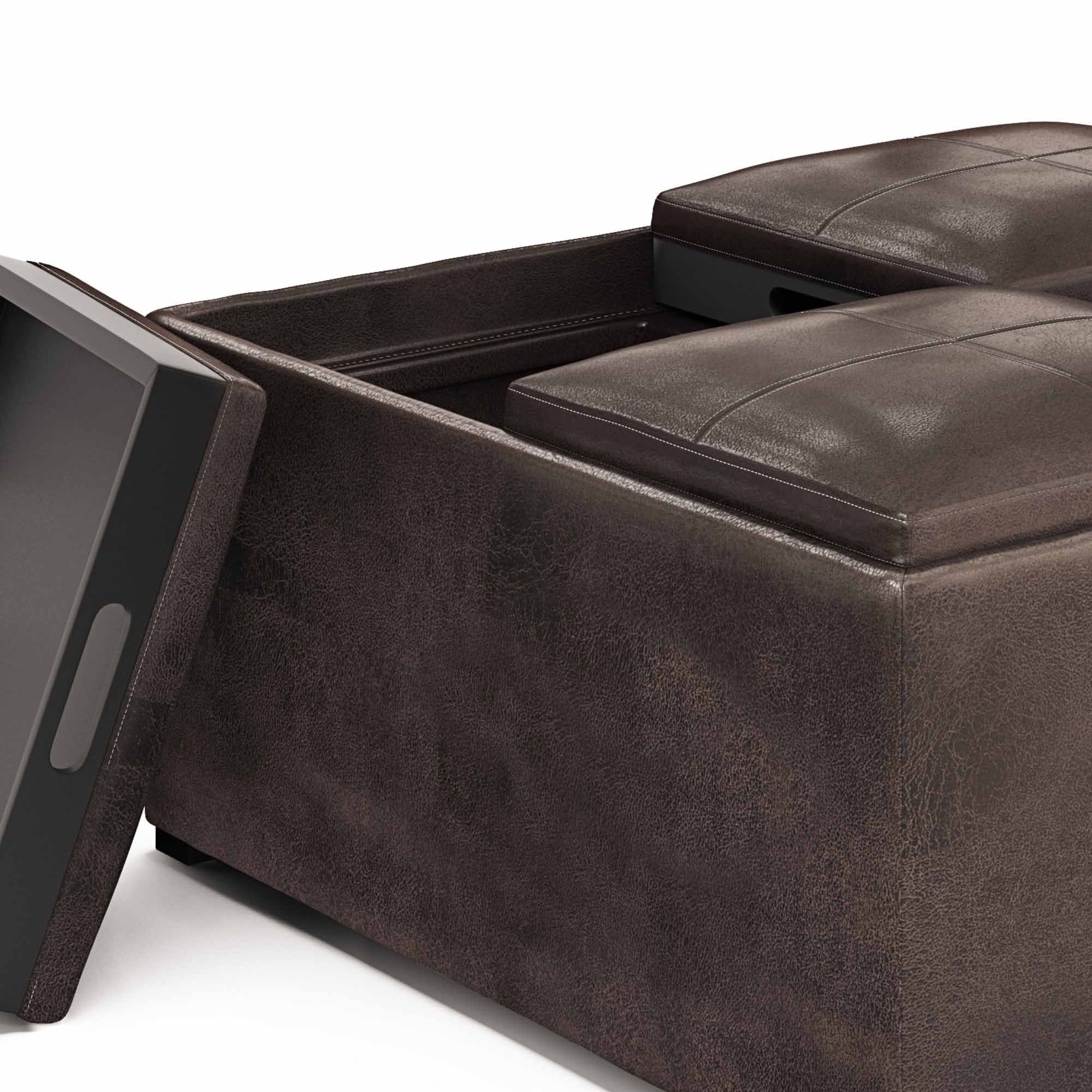 Distressed Brown Distressed Vegan Leather | Avalon Vegan Leather Square Coffee Table Storage Ottoman