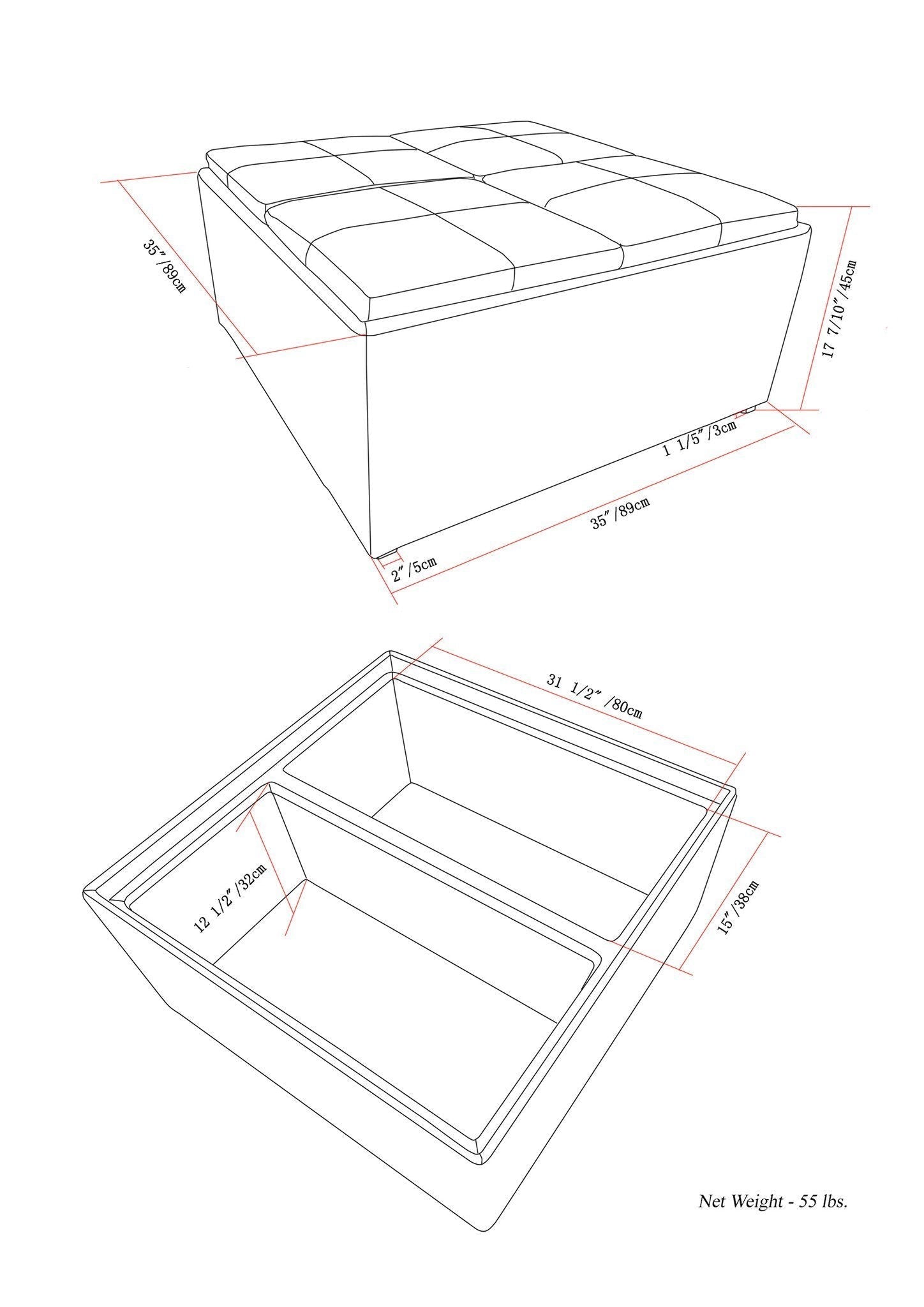 Slate Grey Linen Style Fabric | Avalon Vegan Leather Square Coffee Table Storage Ottoman