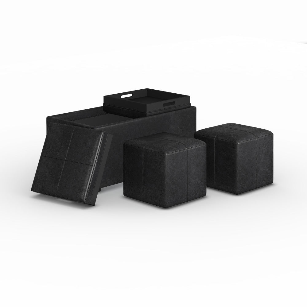 Distressed Black Distressed Vegan Leather | 5 Pc Storage Ottoman in Distressed Vegan Leather