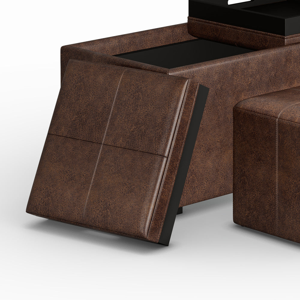 Distressed Chestnut Brown Distressed Vegan Leather | 5 Pc Storage Ottoman in Distressed Vegan Leather